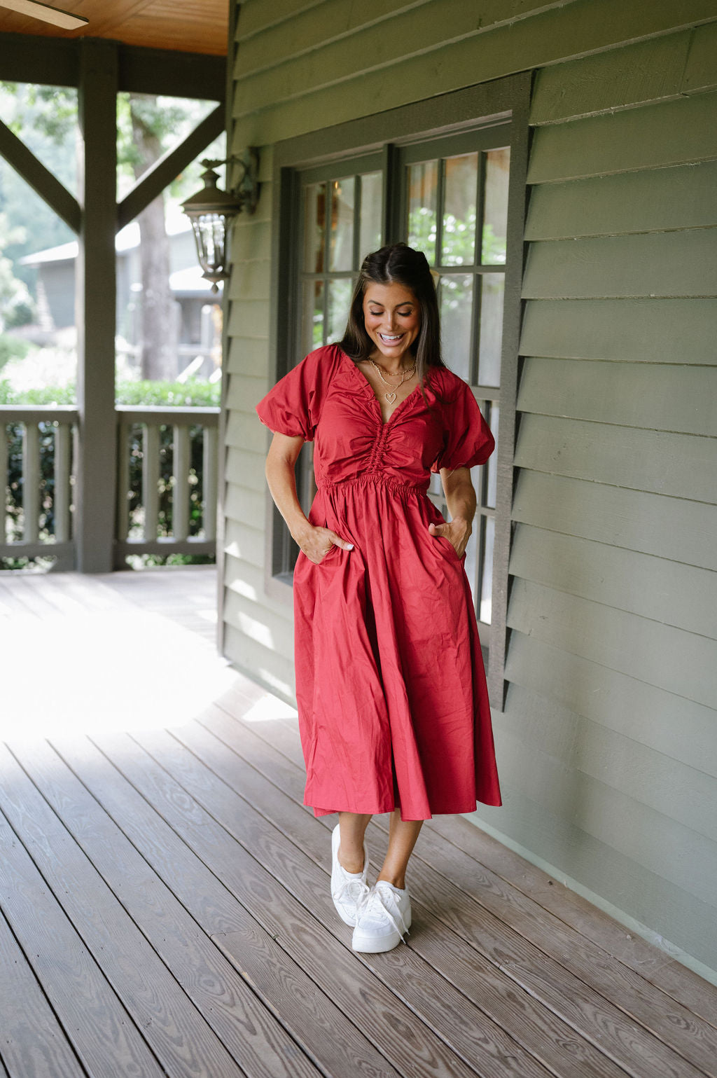 V-Neck Puff Sleeve Dress-Red