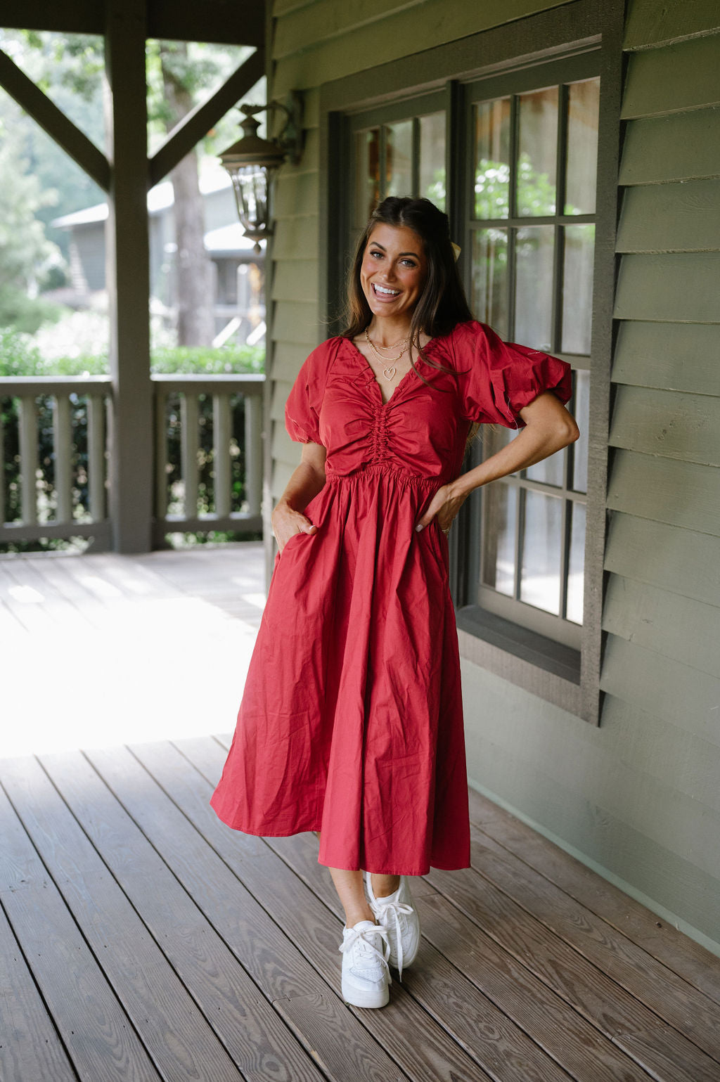 V-Neck Puff Sleeve Dress-Red