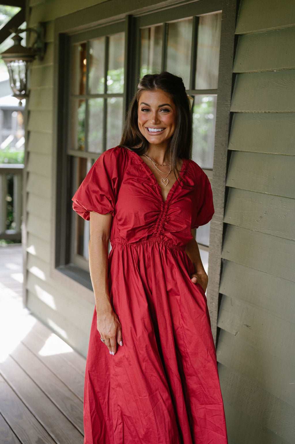 V-Neck Puff Sleeve Dress-Red