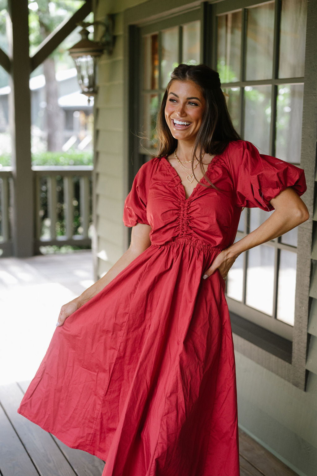 V-Neck Puff Sleeve Dress-Red