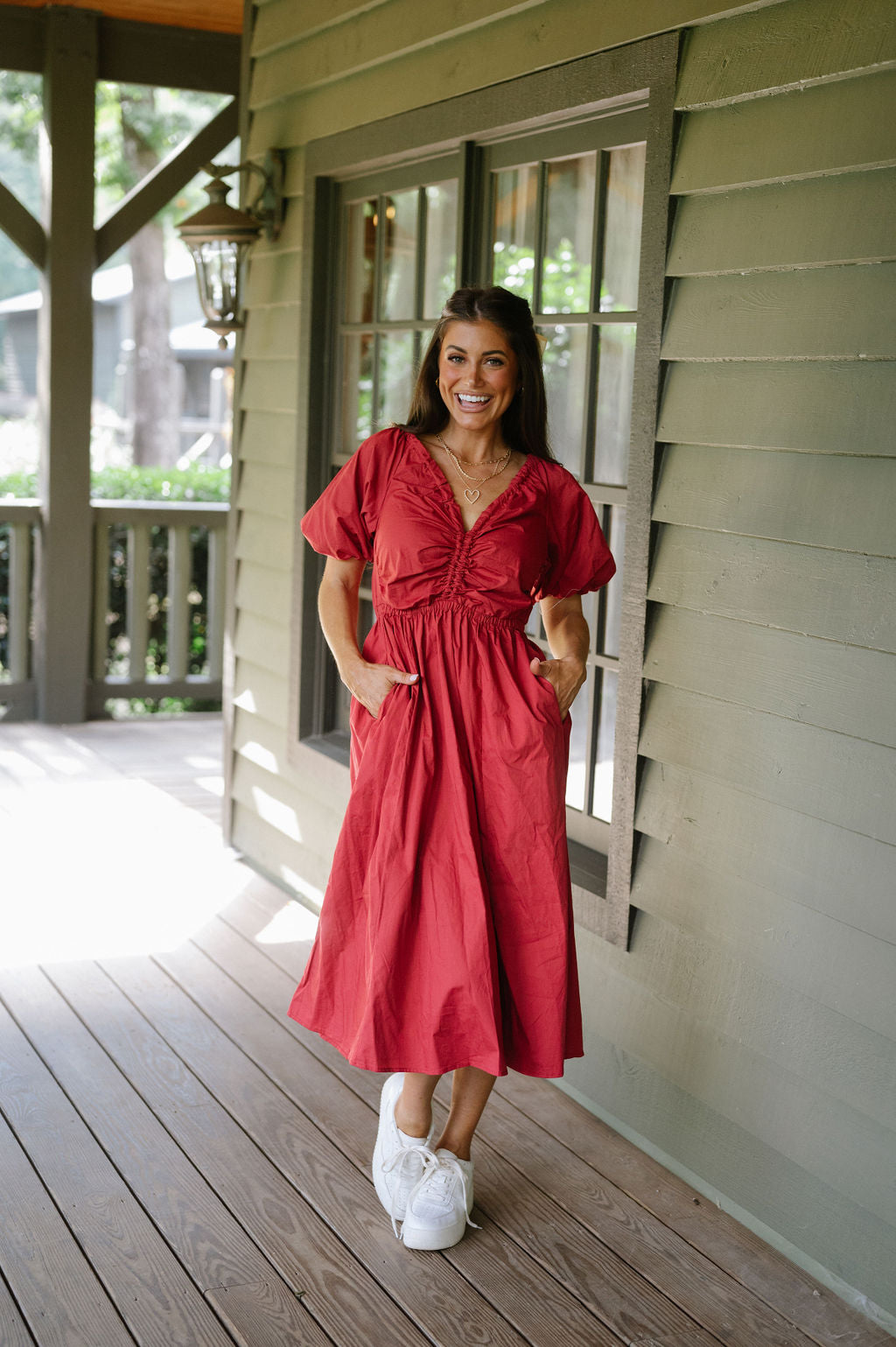 V-Neck Puff Sleeve Dress-Red