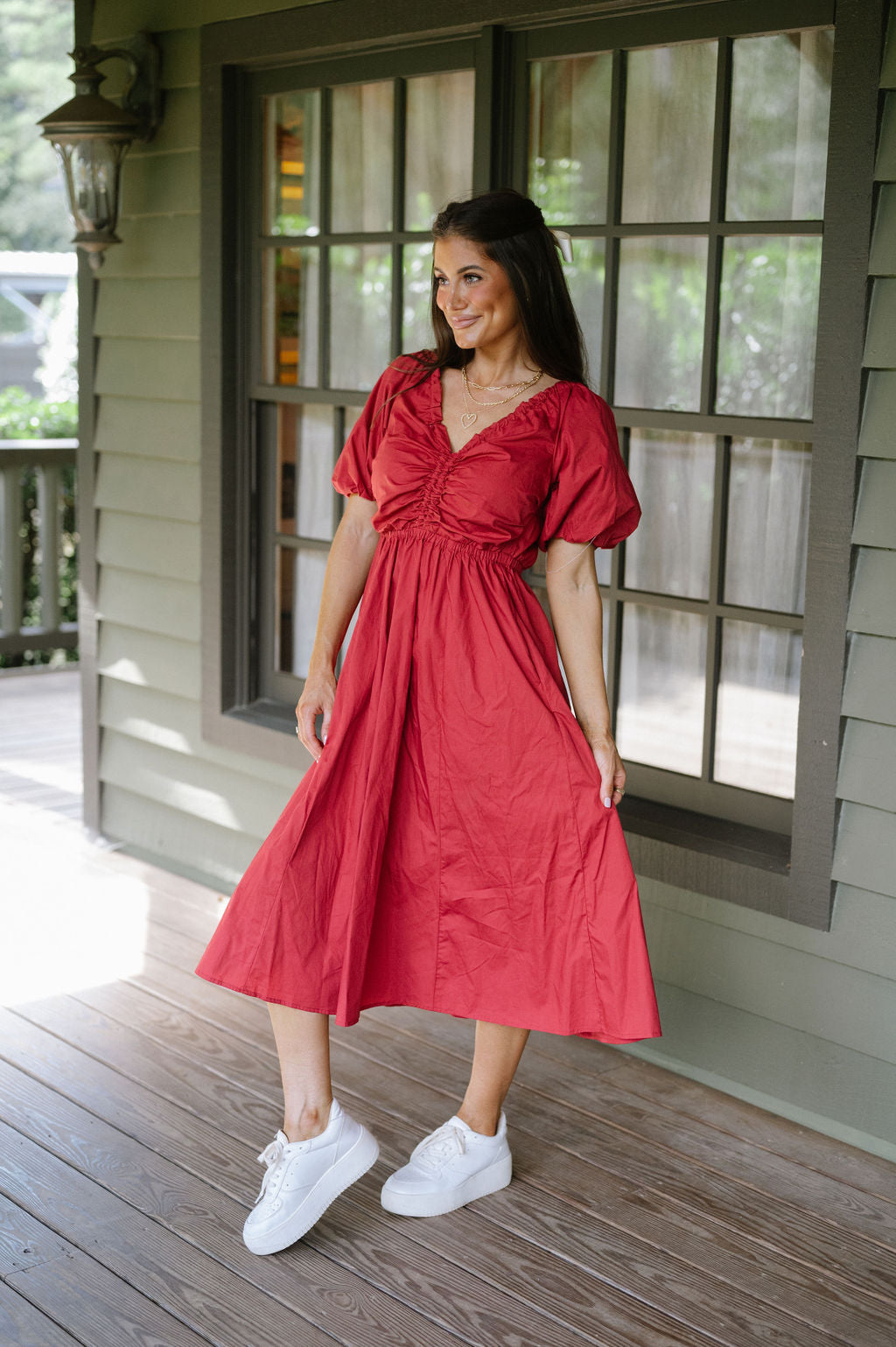 V-Neck Puff Sleeve Dress-Red