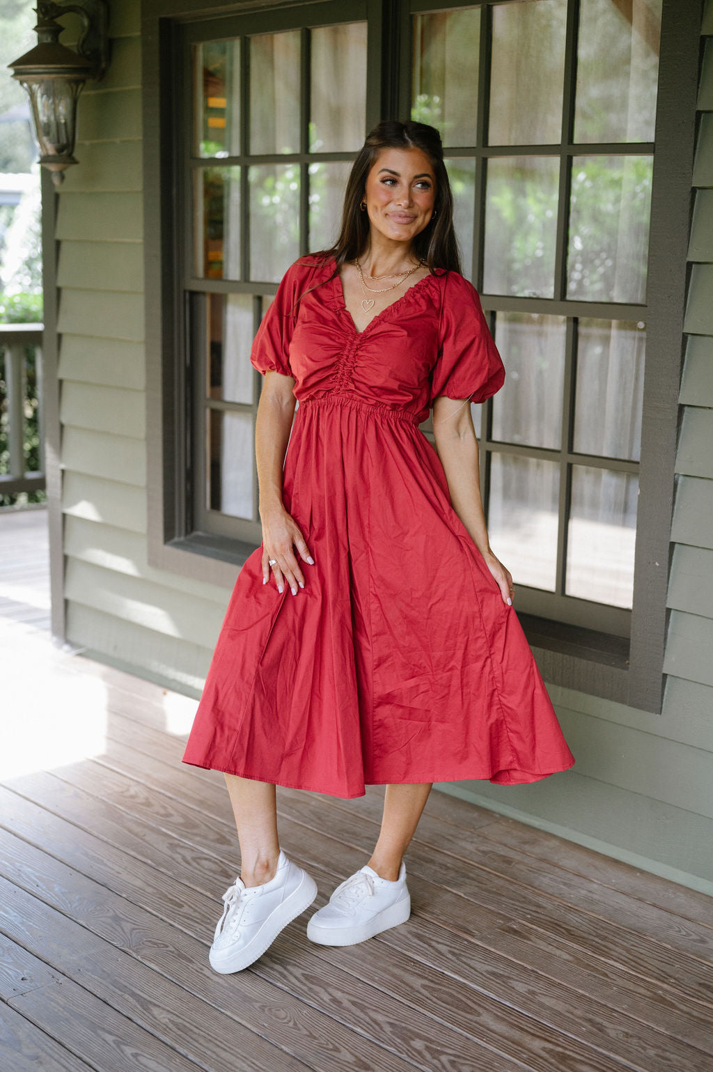 V-Neck Puff Sleeve Dress-Red