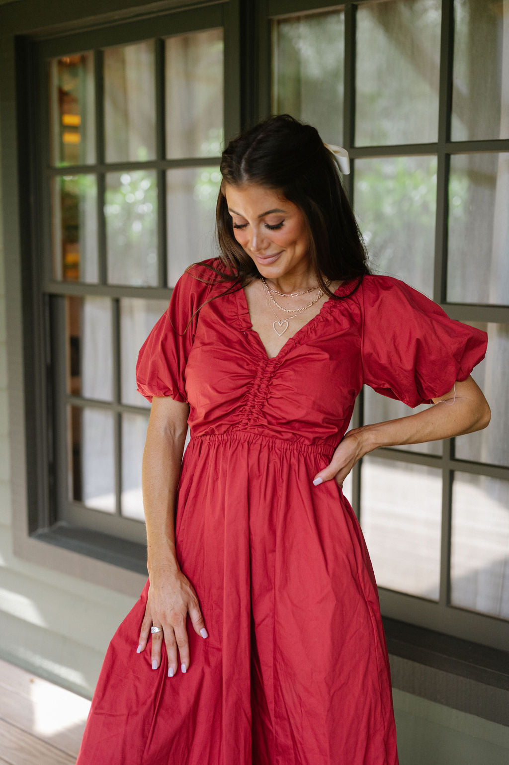 V-Neck Puff Sleeve Dress-Red