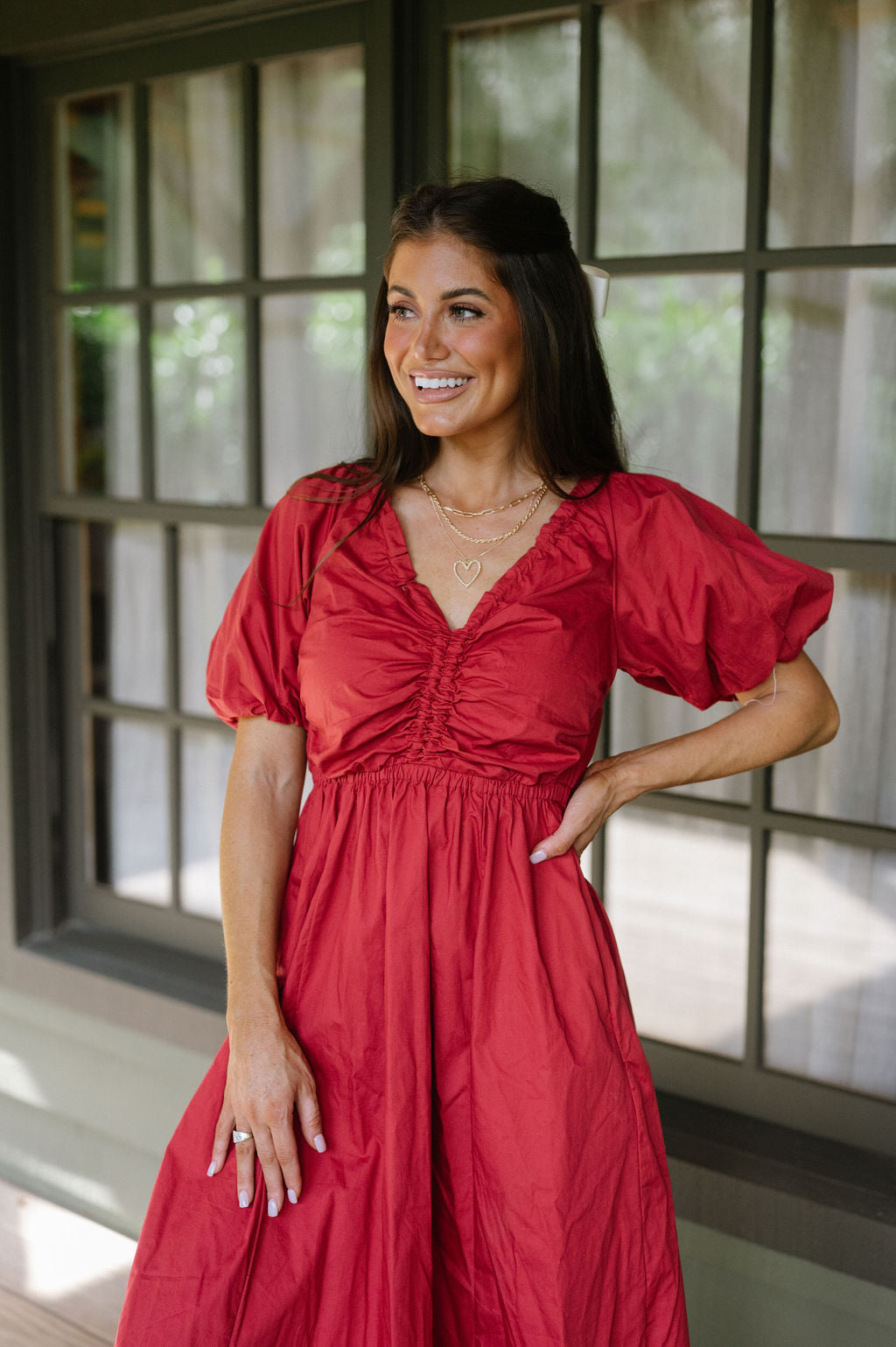 V-Neck Puff Sleeve Dress-Red