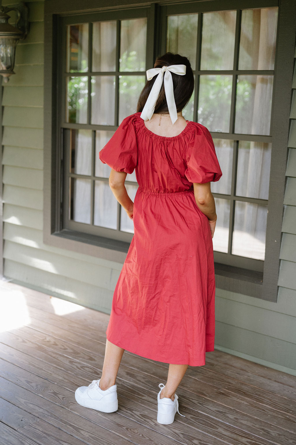 V-Neck Puff Sleeve Dress-Red