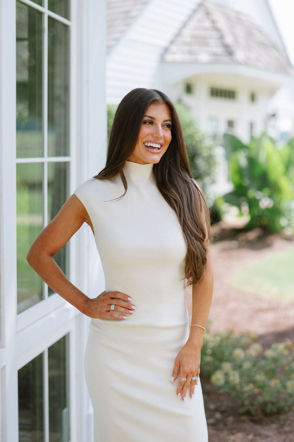 Mock Neck Midi Sweater Dress- Cream