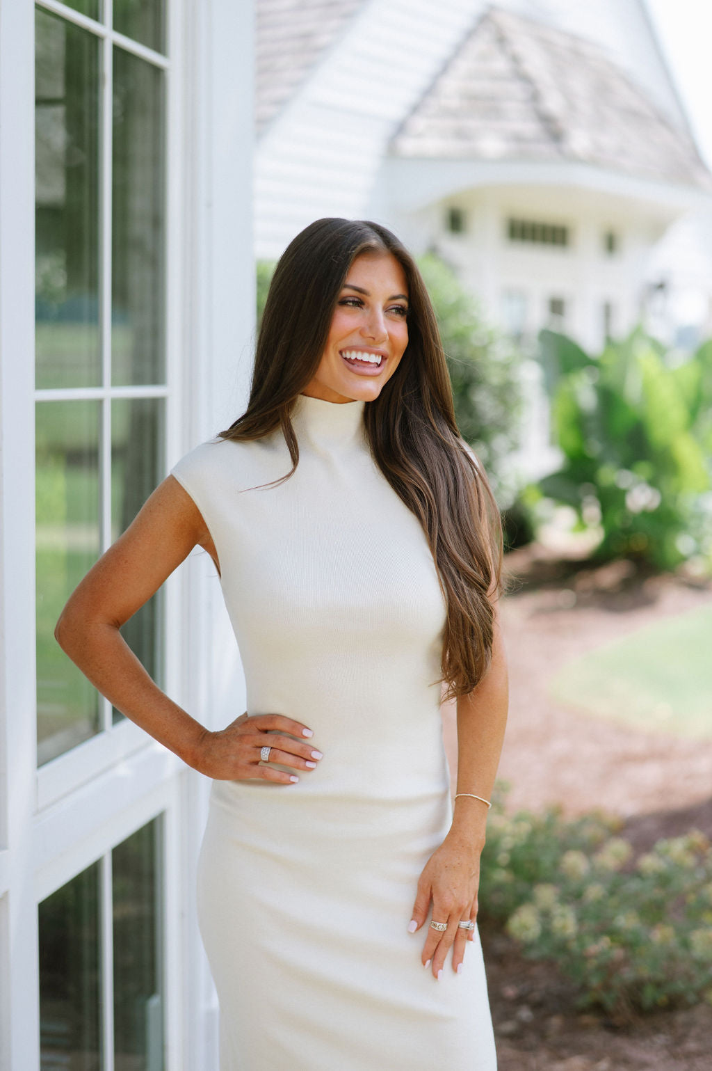 Mock Neck Midi Sweater Dress- Cream