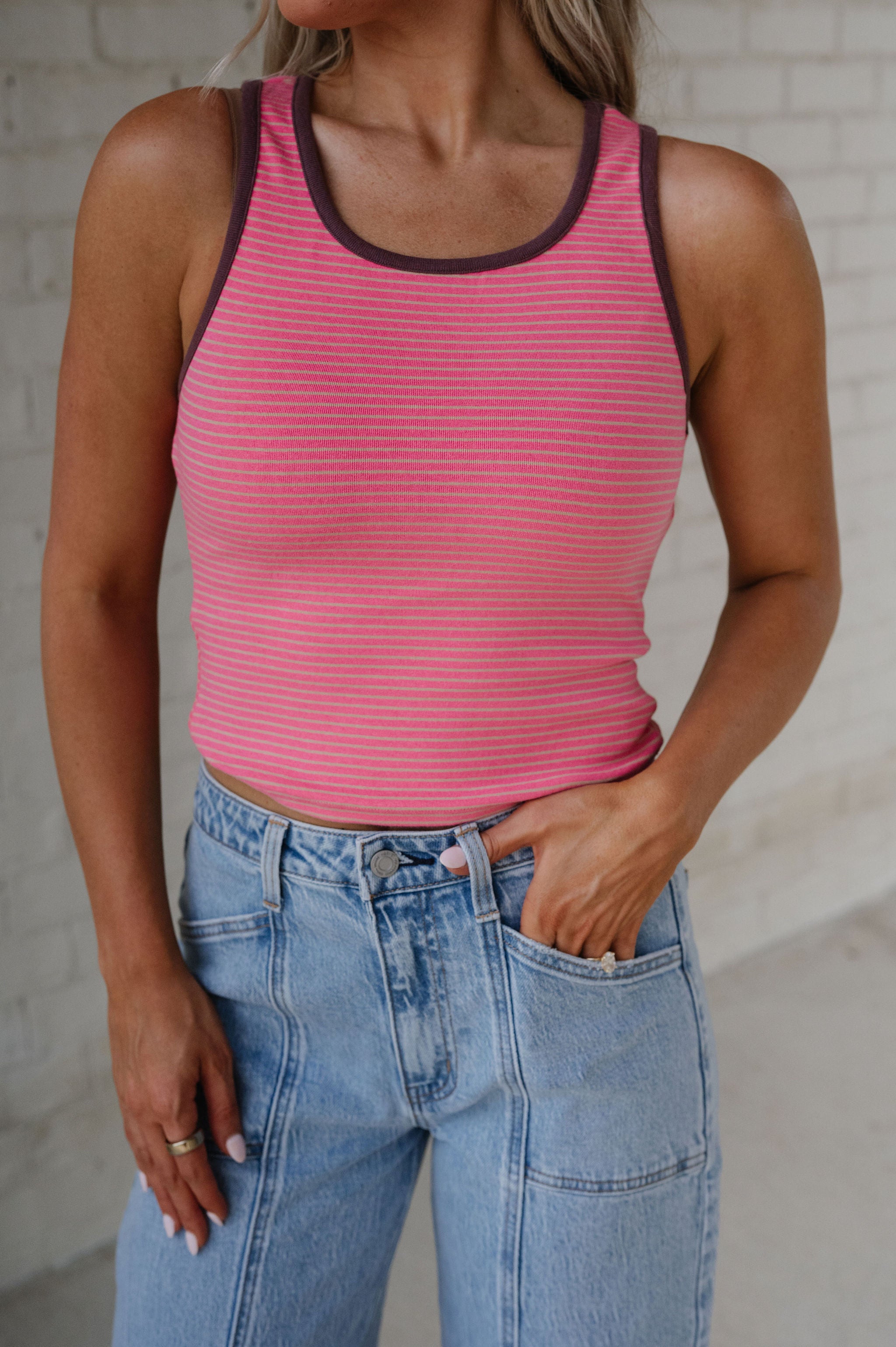 Nicole Striped Tank Top-Pink-Taupe