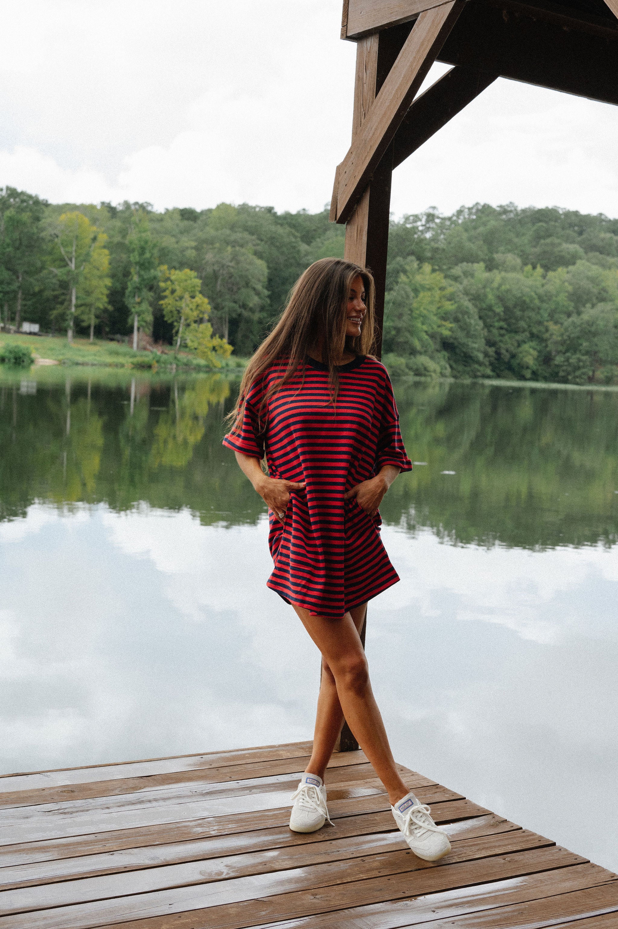 Stripe Knit Pullover Dress-Red/Navy