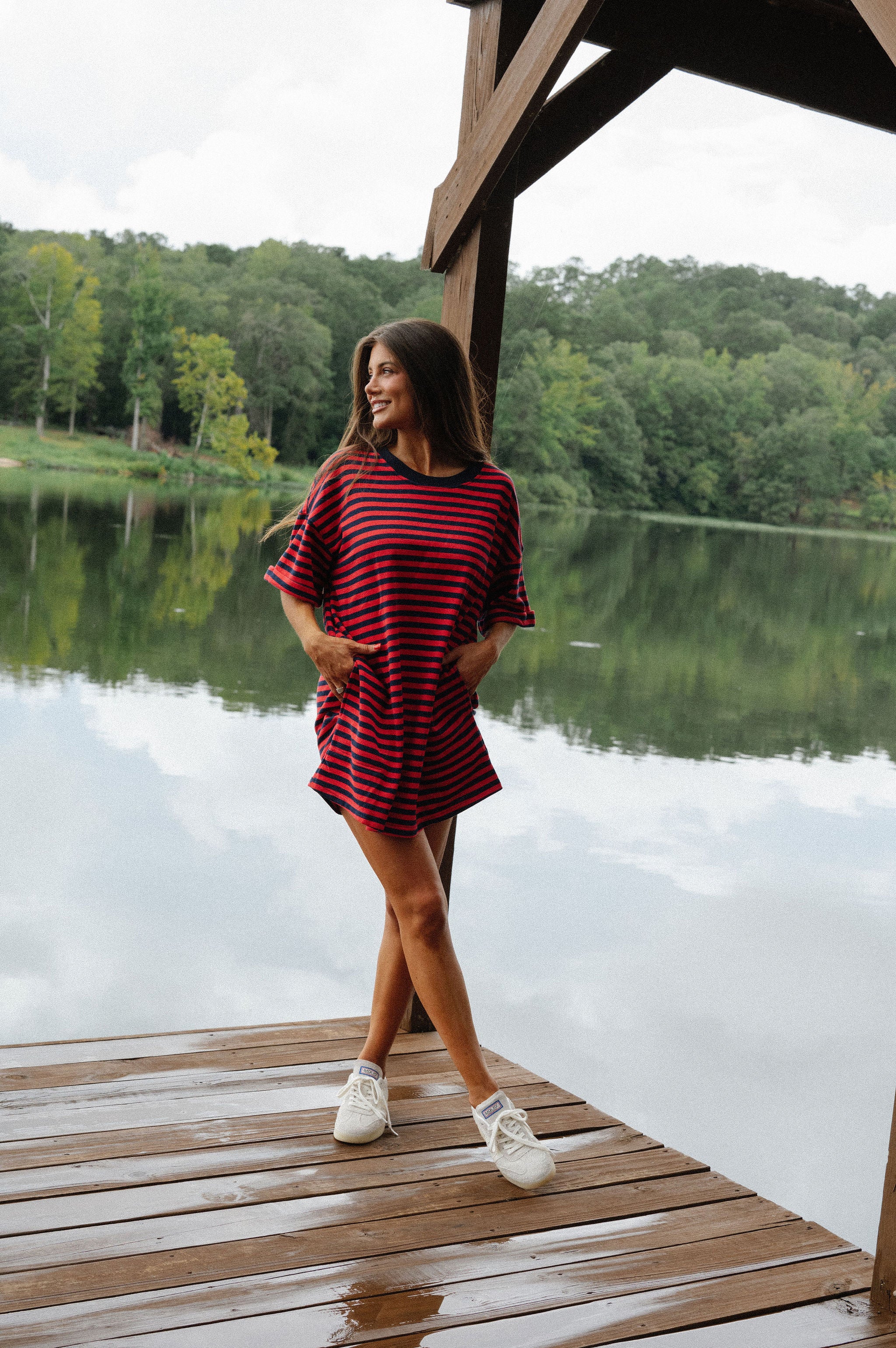Stripe Knit Pullover Dress-Red/Navy
