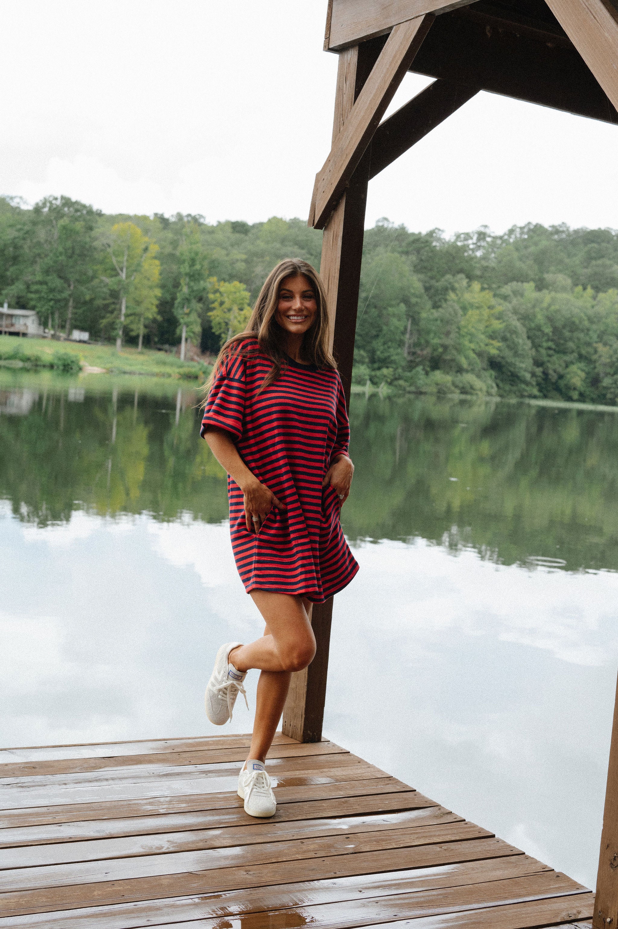 Stripe Knit Pullover Dress-Red/Navy
