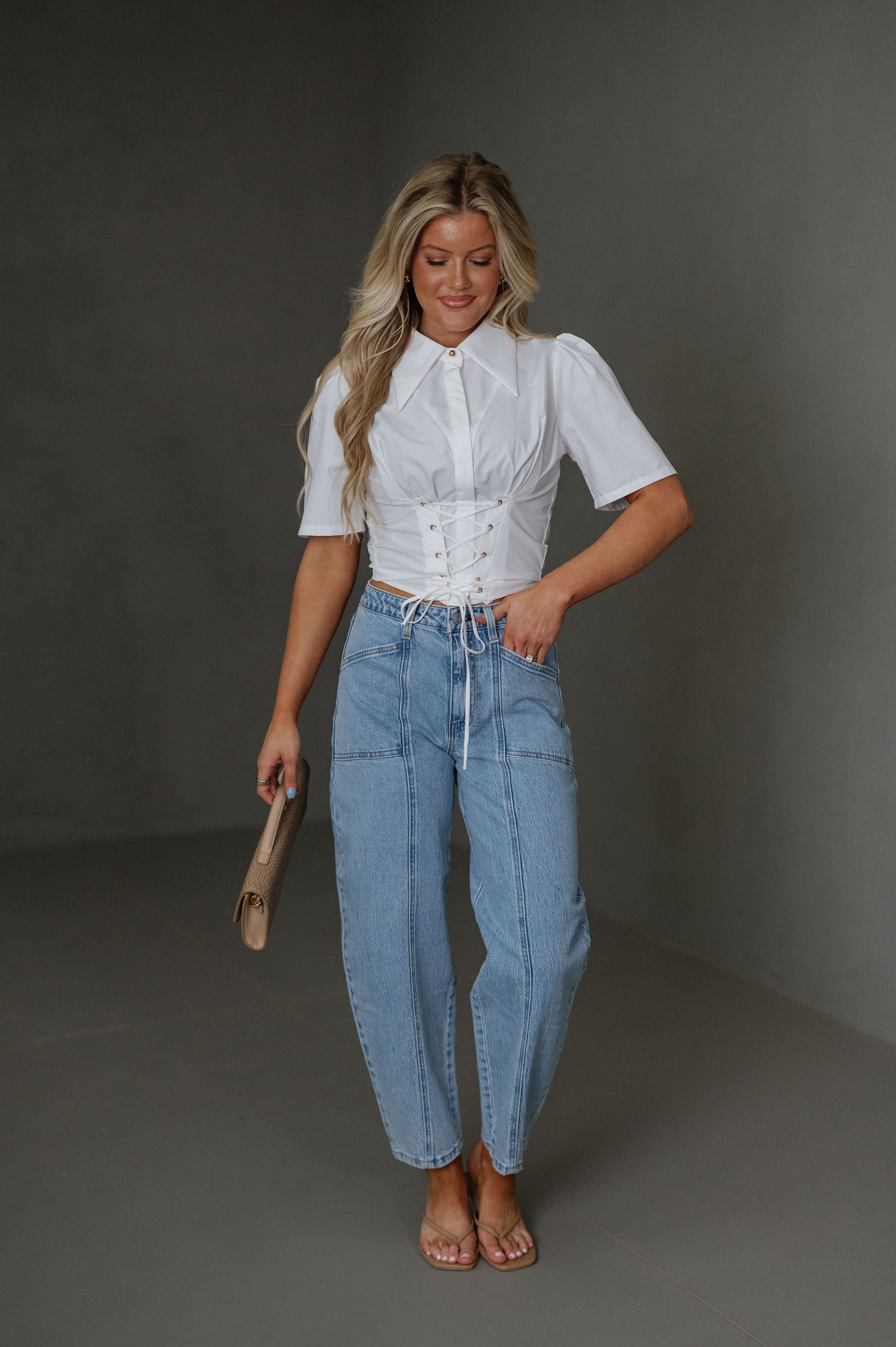 Woven Puff Sleeve Top-White