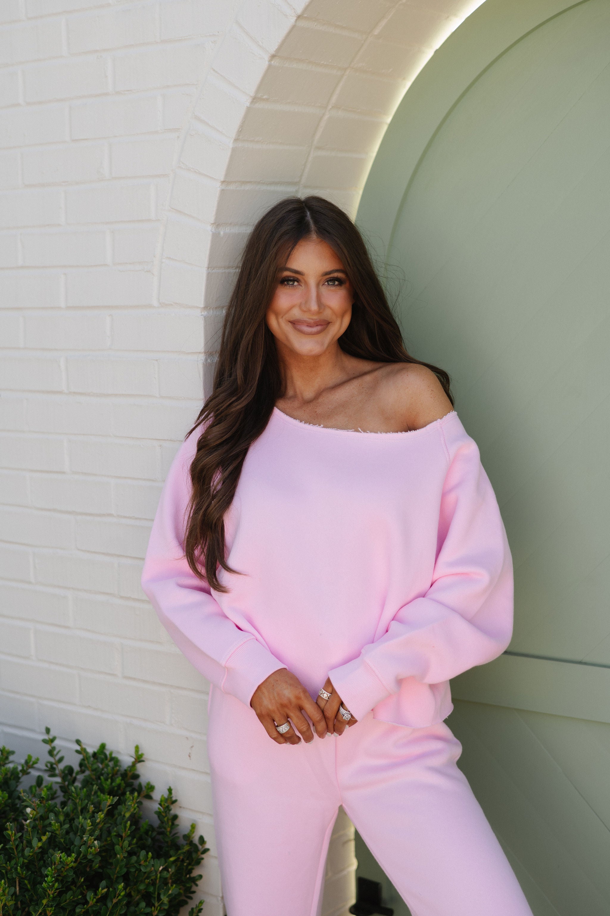 Fleece Off The Shoulder Top-Pink