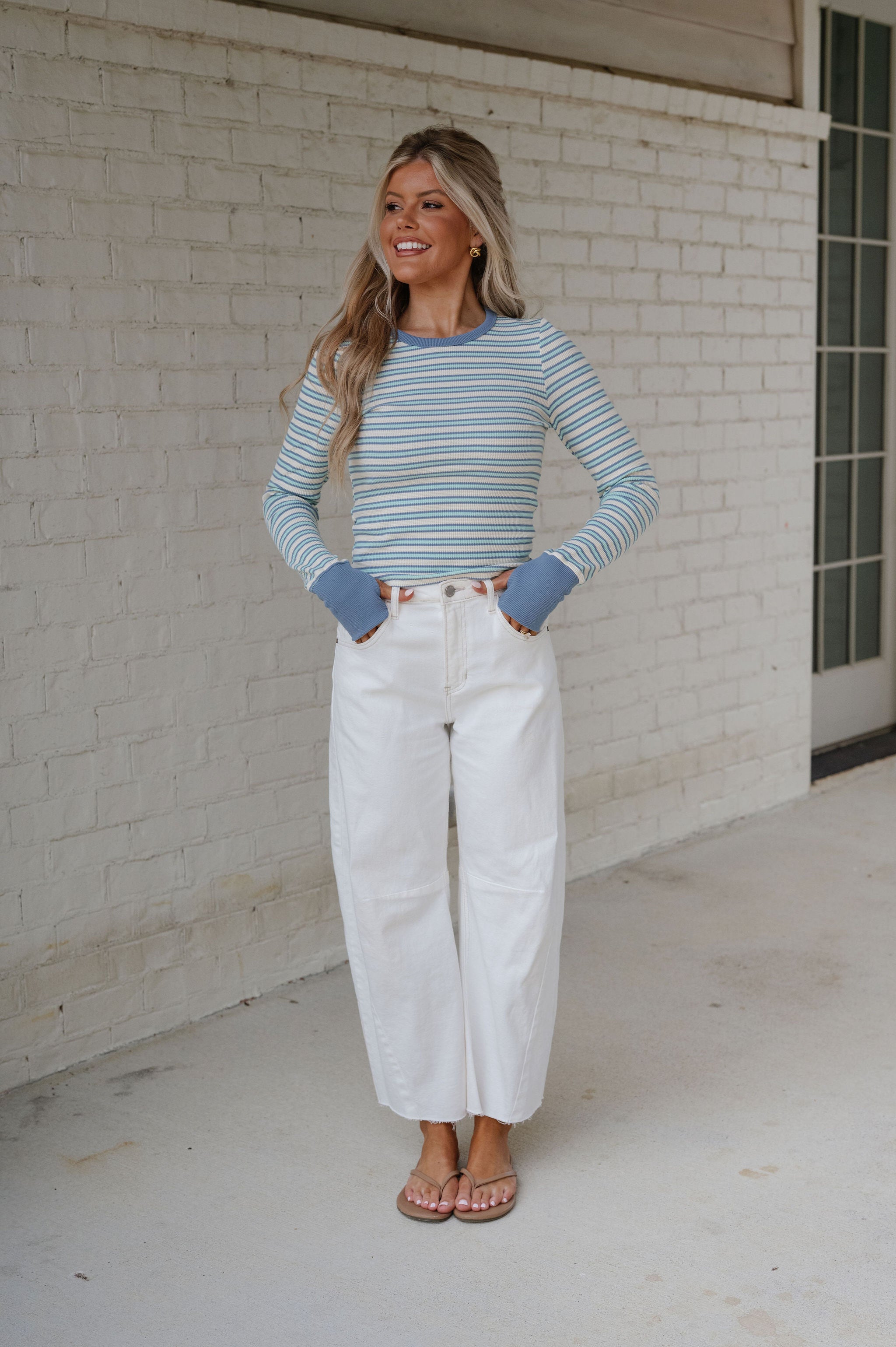 Casey Striped Top-Ivory/Light Blue