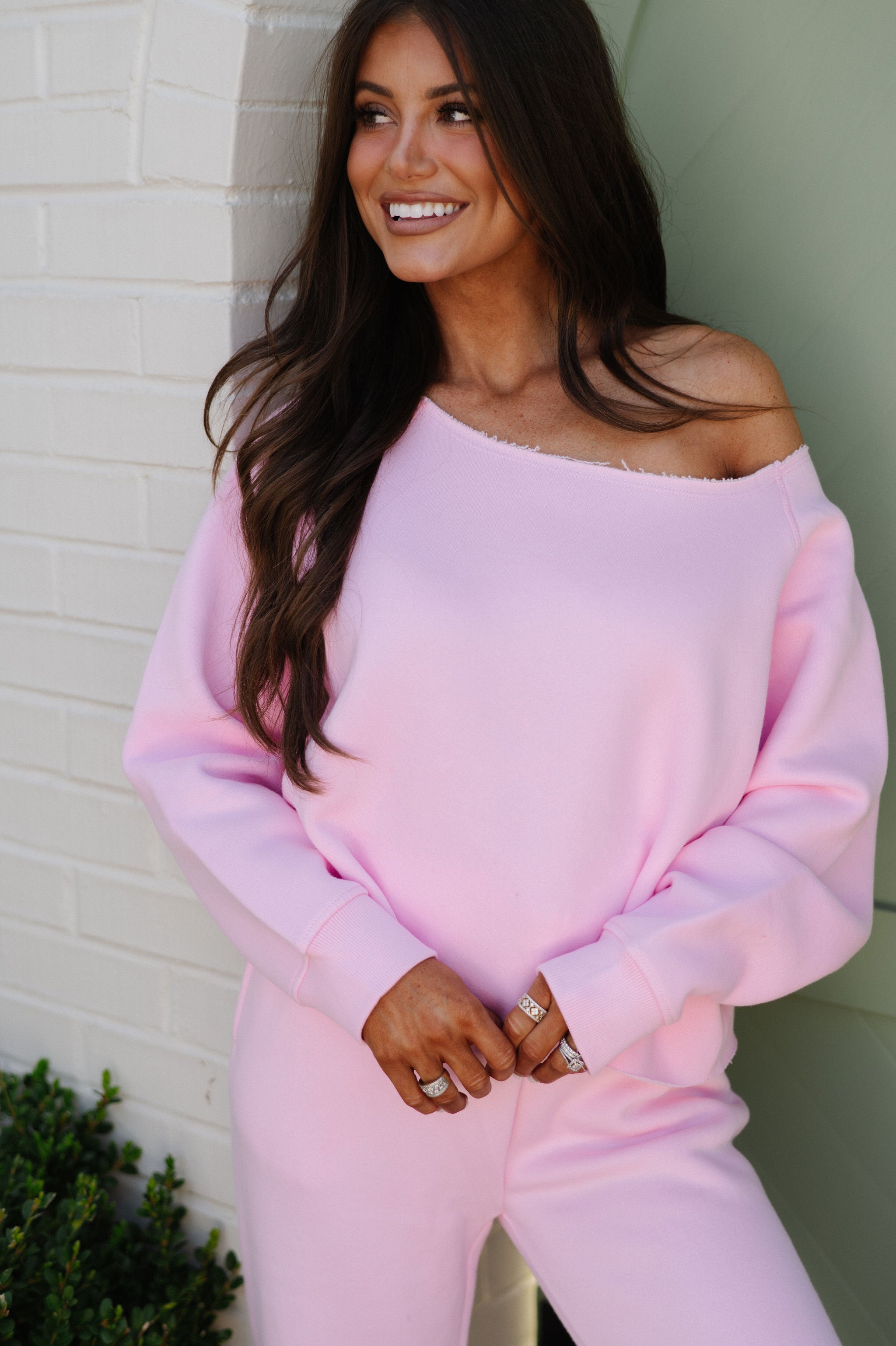 Fleece Off The Shoulder Top-Pink