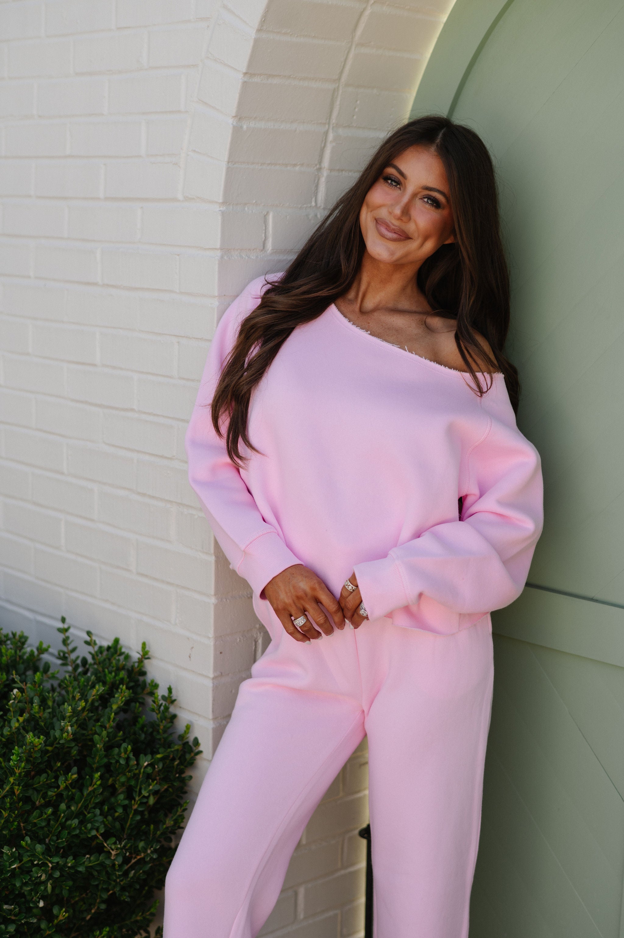 Fleece Off The Shoulder Top-Pink