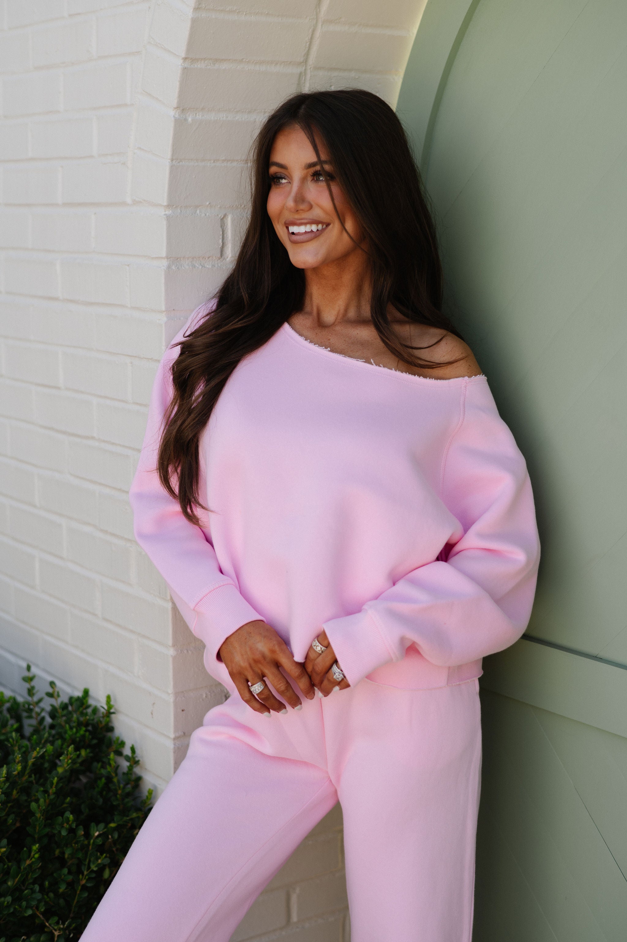 Fleece Off The Shoulder Top-Pink