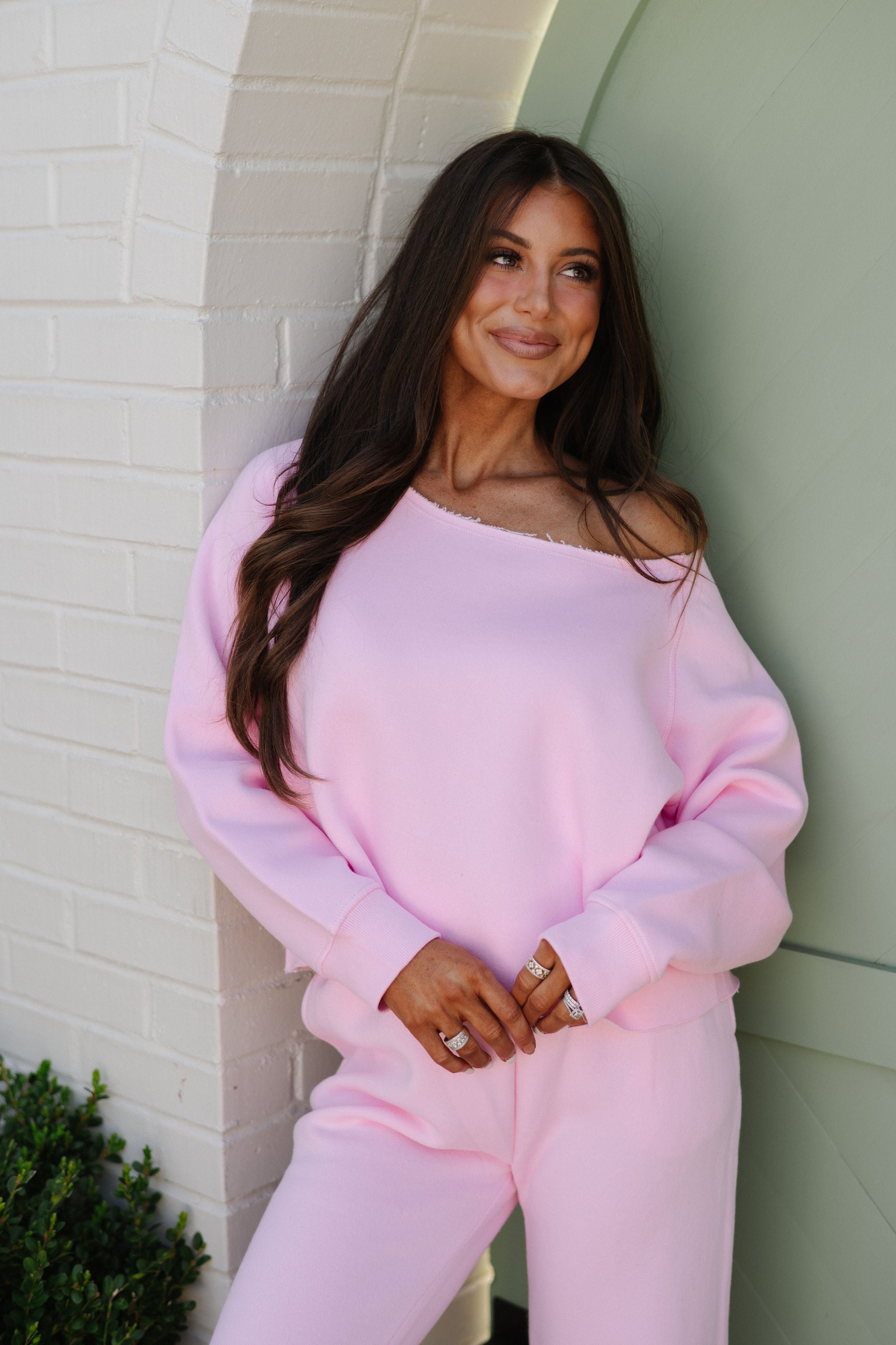 Fleece Off The Shoulder Top-Pink