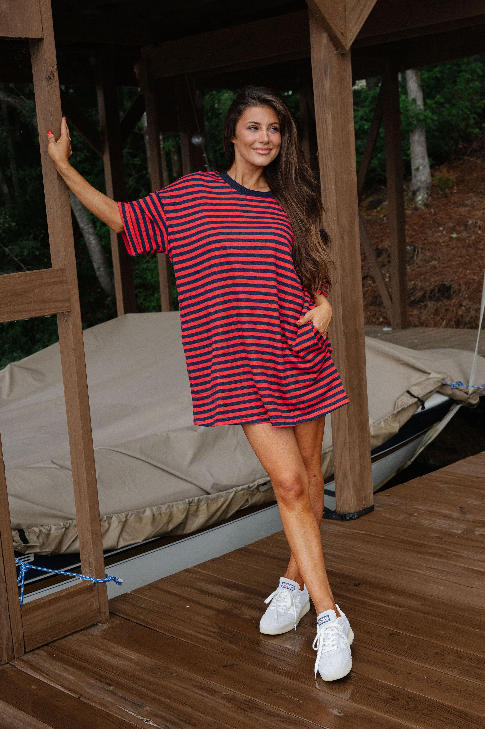 Stripe Knit Pullover Dress-Red/Navy