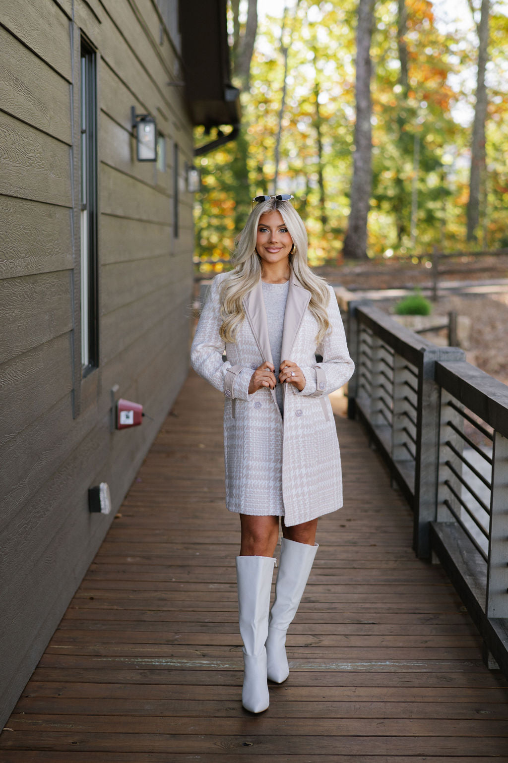 Houndstooth Wool Coat-Cream