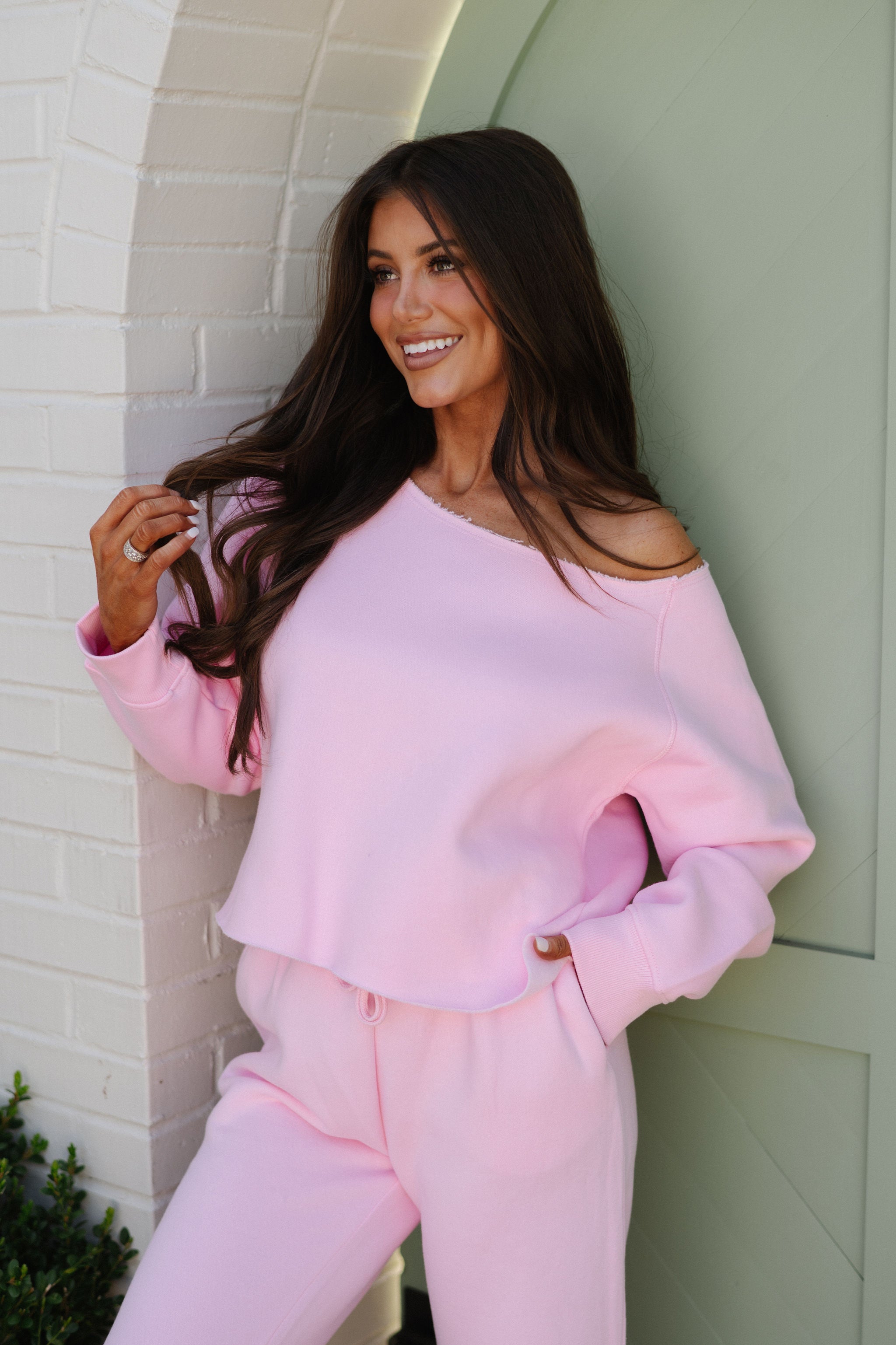 Fleece Off The Shoulder Top-Pink