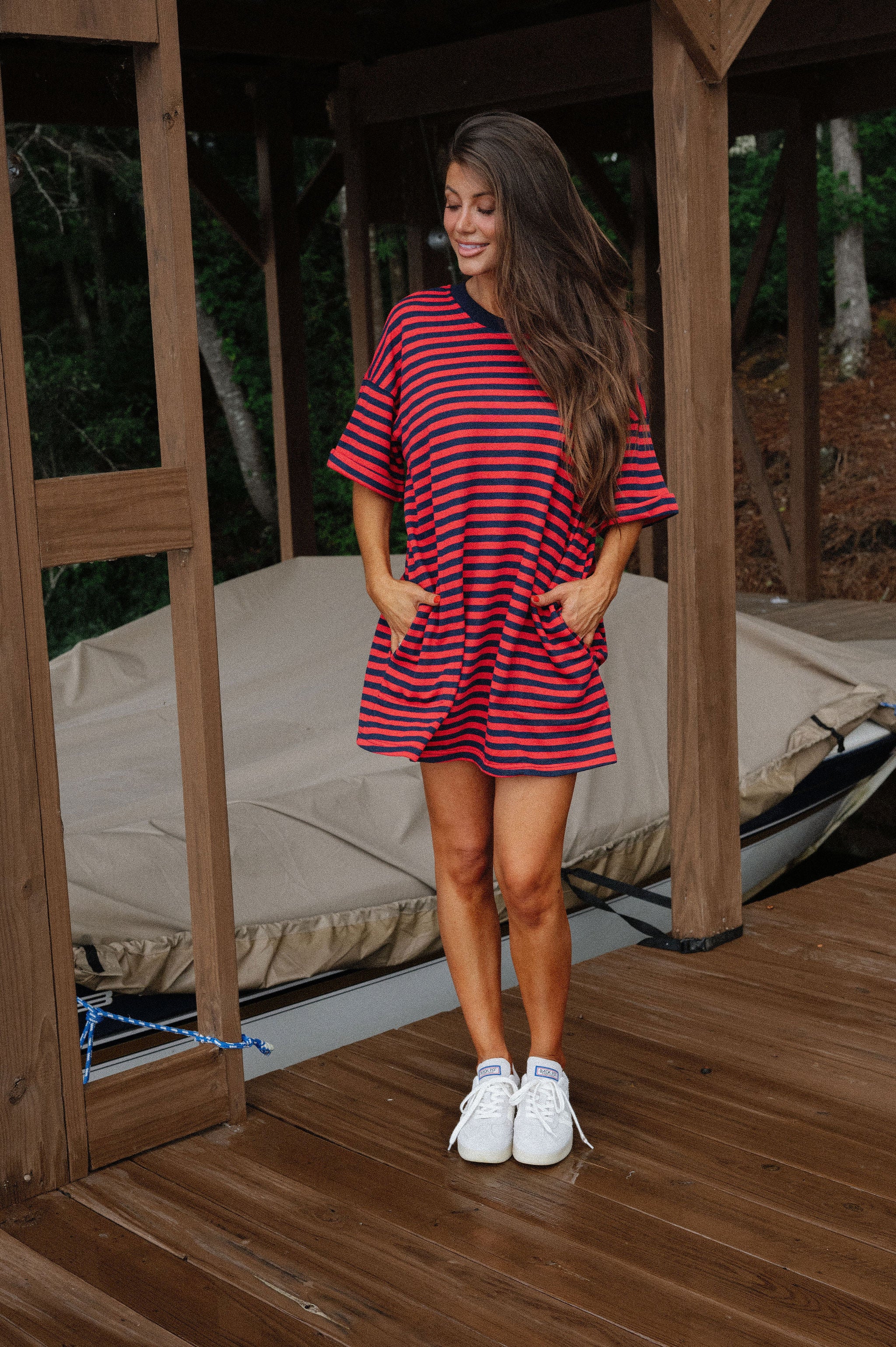 Stripe Knit Pullover Dress-Red/Navy