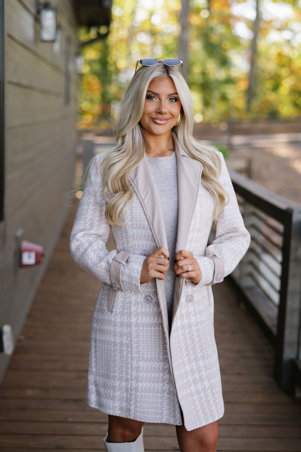 Houndstooth Wool Coat-Cream