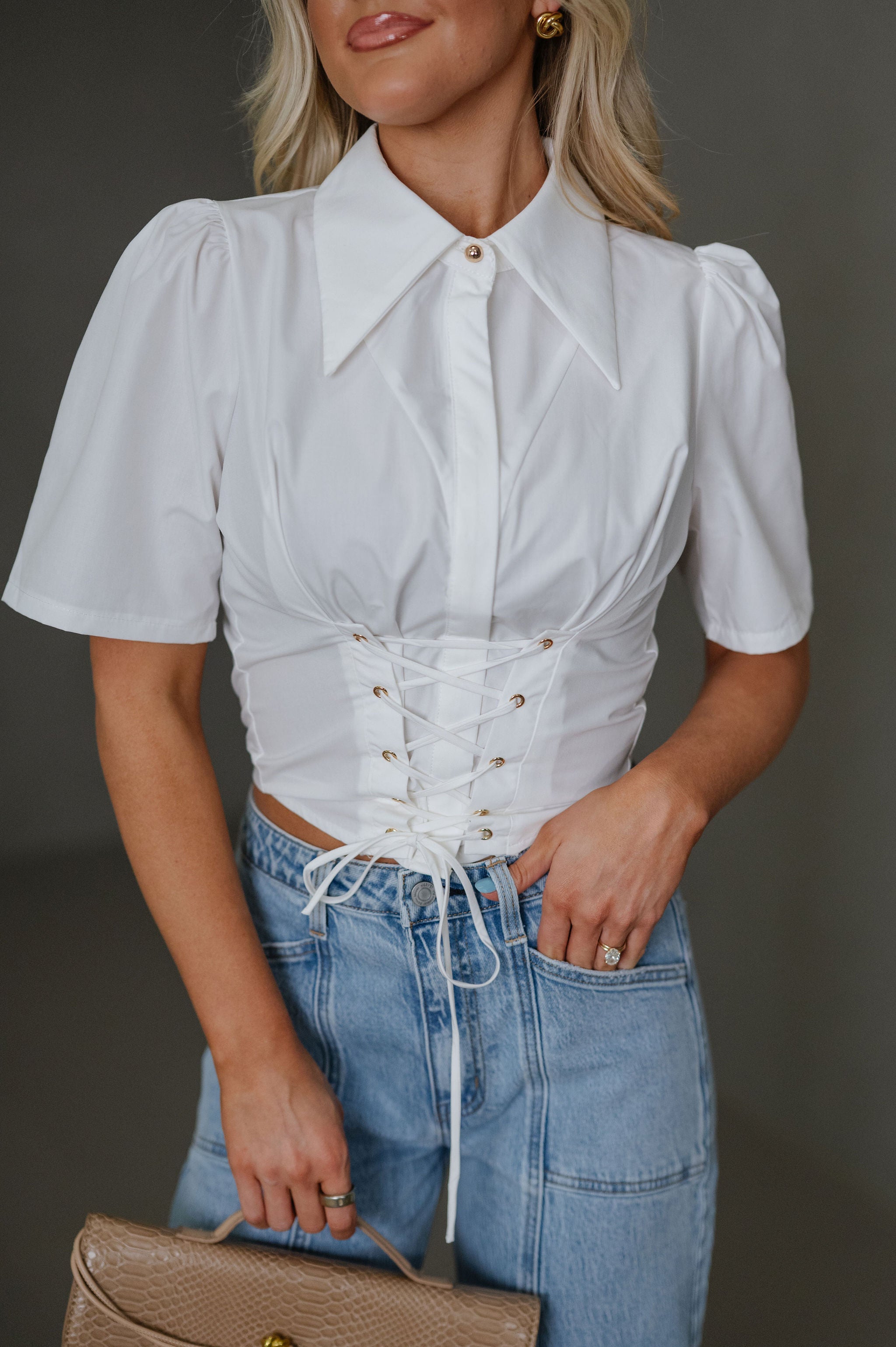 Woven Puff Sleeve Top-White