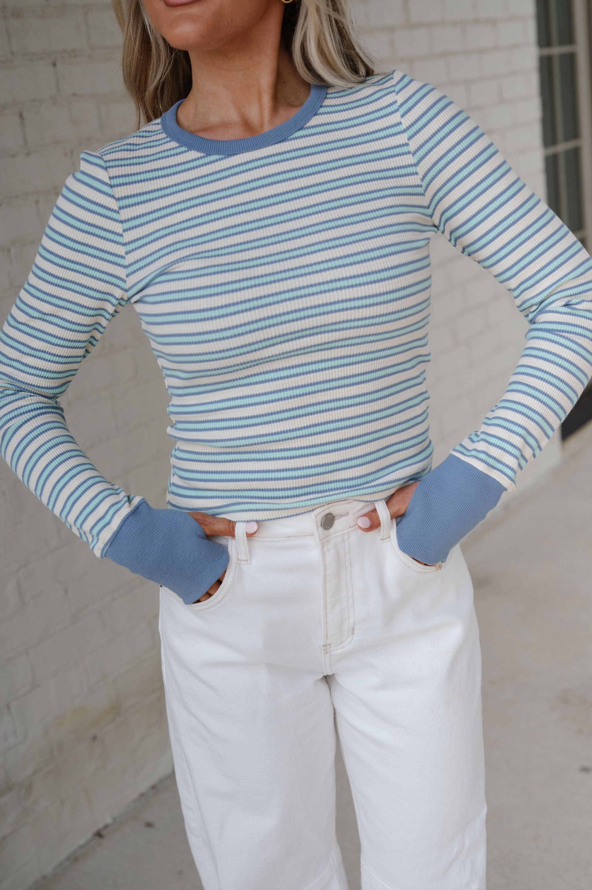 Casey Striped Top-Ivory/Light Blue