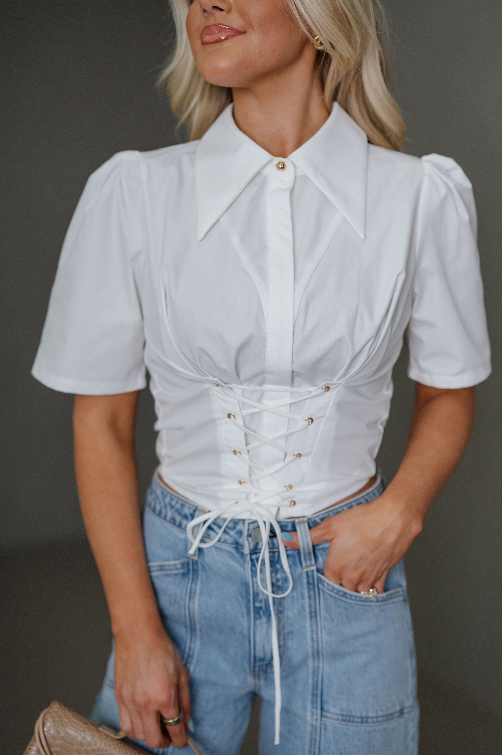 Woven Puff Sleeve Top-White
