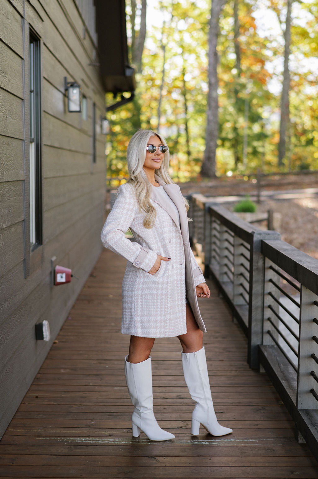 Houndstooth Wool Coat-Cream