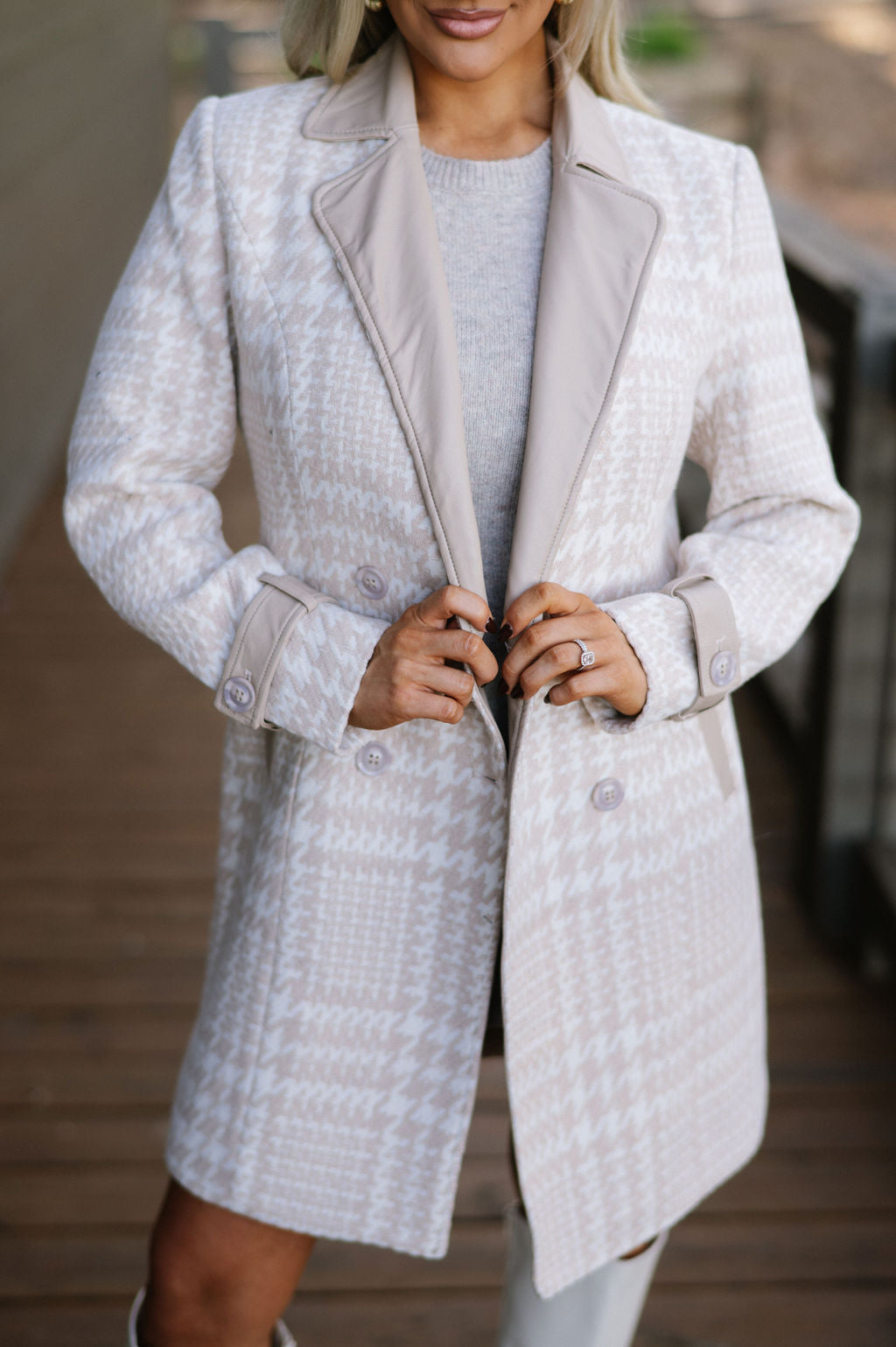 Houndstooth Wool Coat-Cream