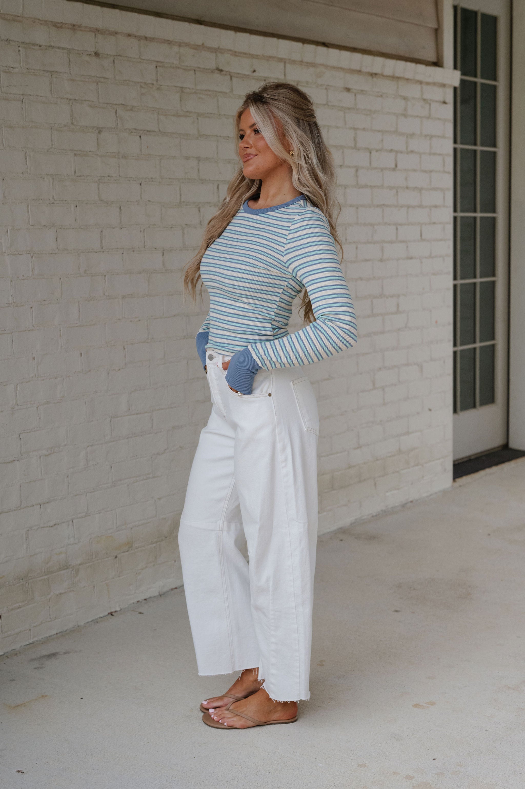 Casey Striped Top-Ivory/Light Blue
