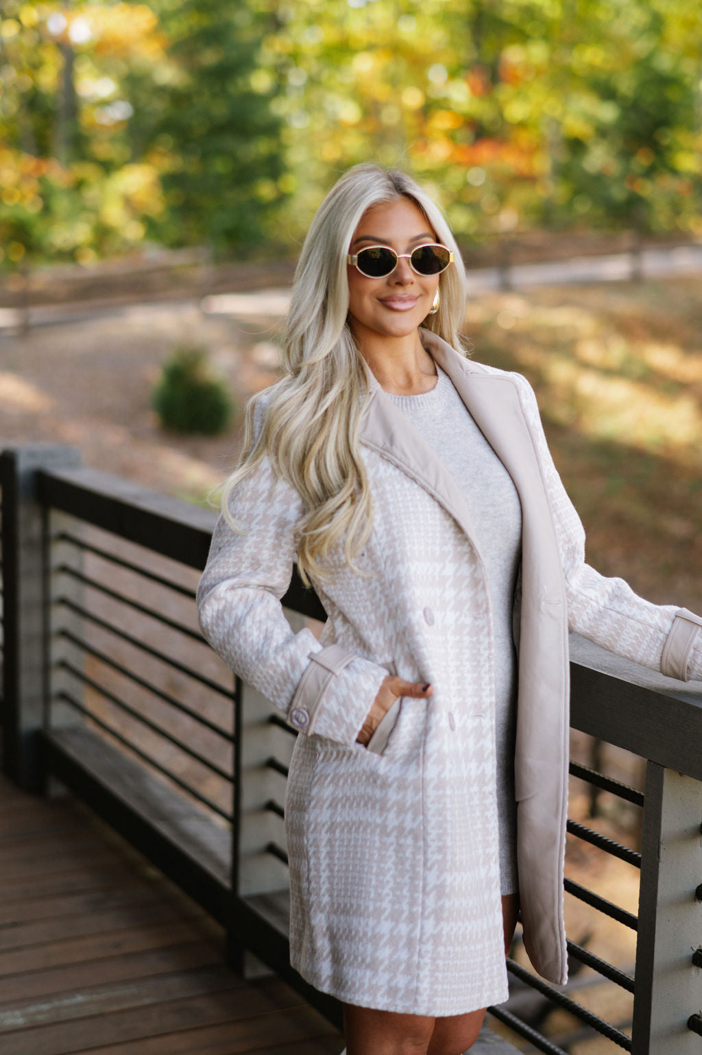 Houndstooth Wool Coat-Cream