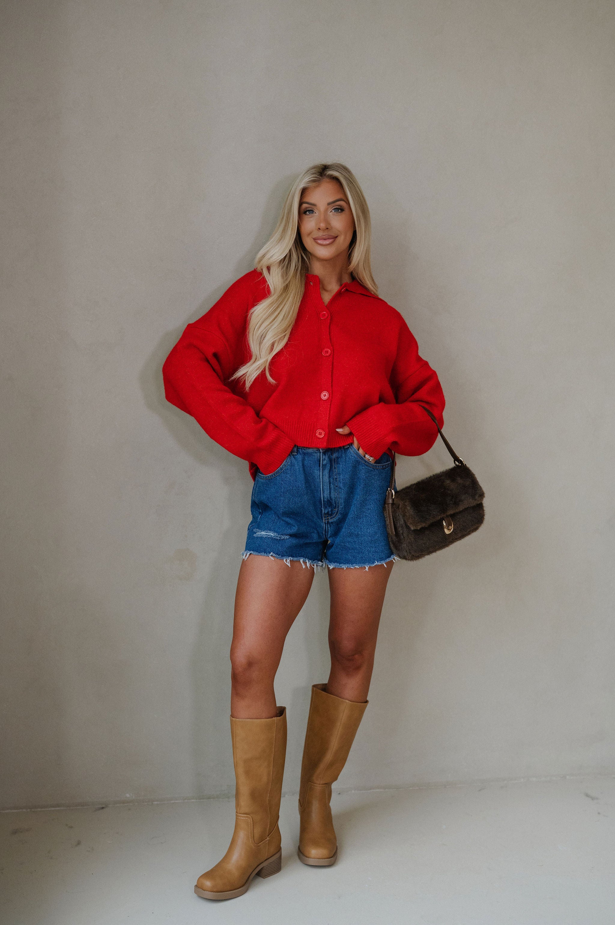 Avery Collared Cardigan-Red