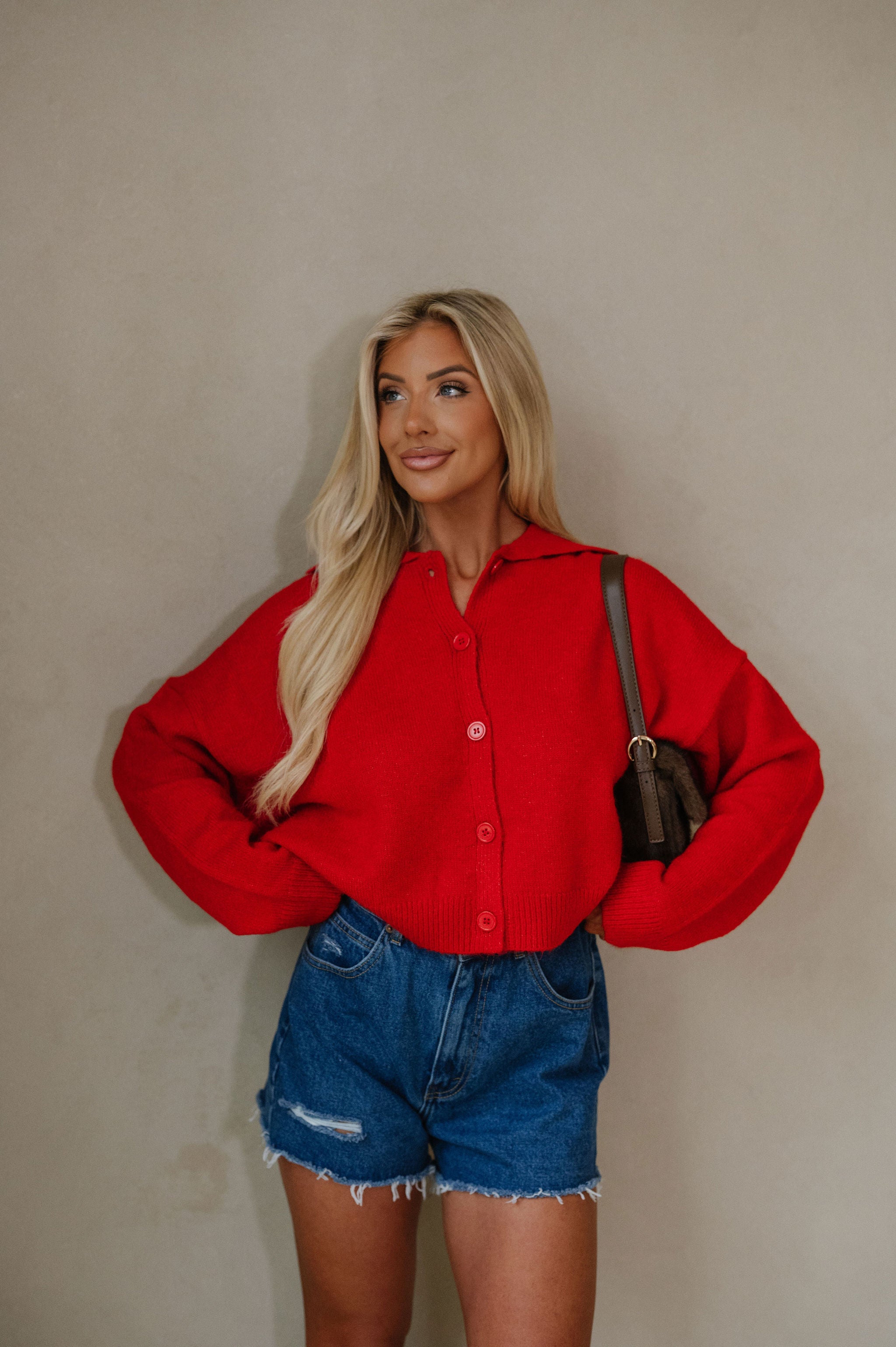 Avery Collared Cardigan-Red