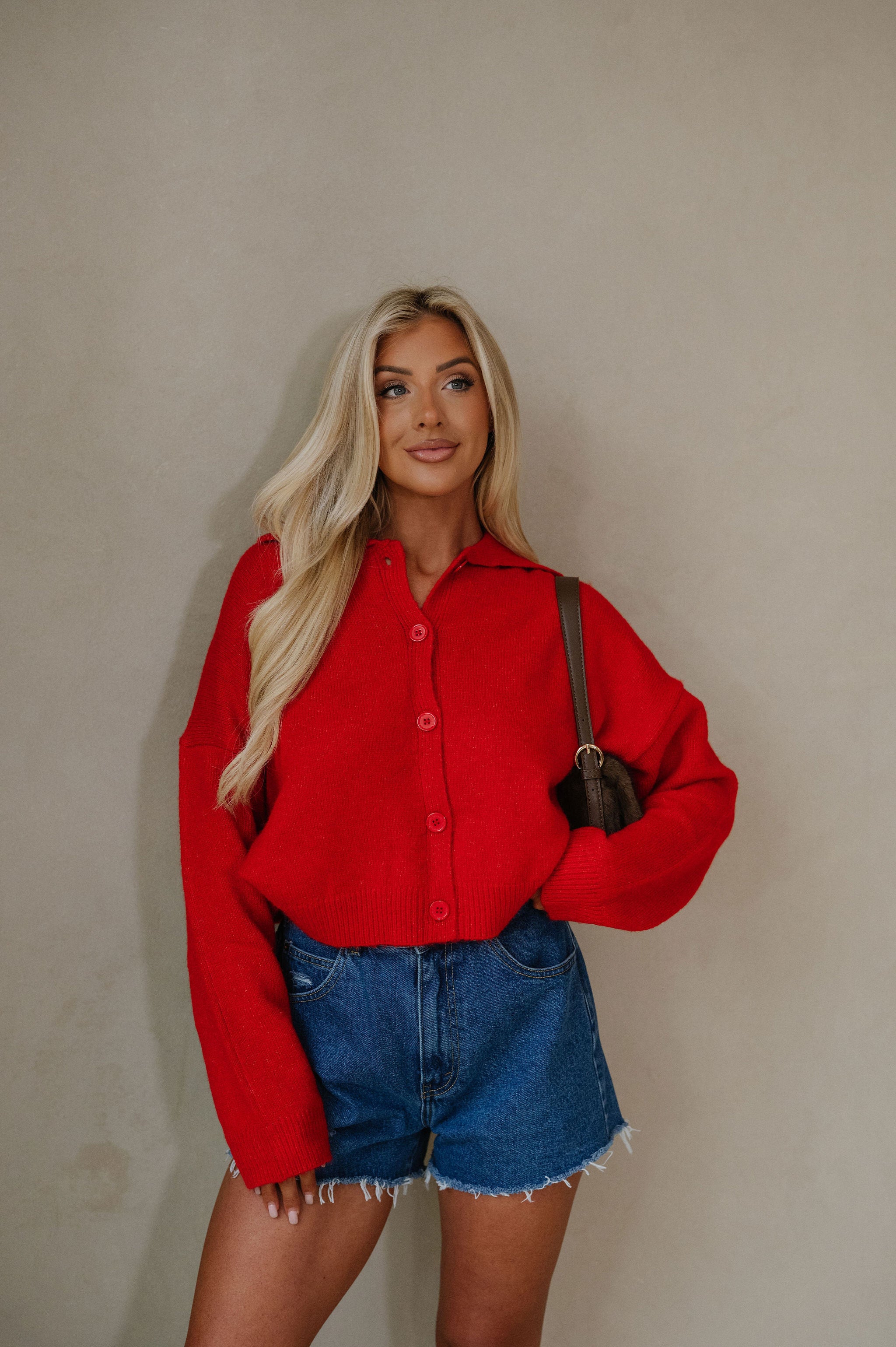 Avery Collared Cardigan-Red