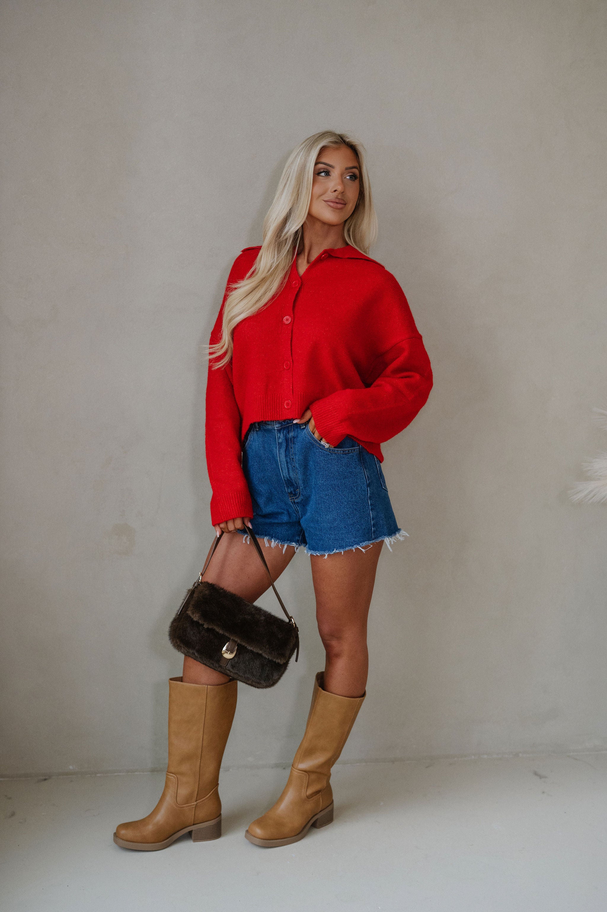 Avery Collared Cardigan-Red