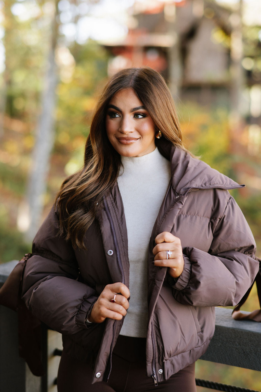 Ribbon Accent Puffer Jacket-Chocolate