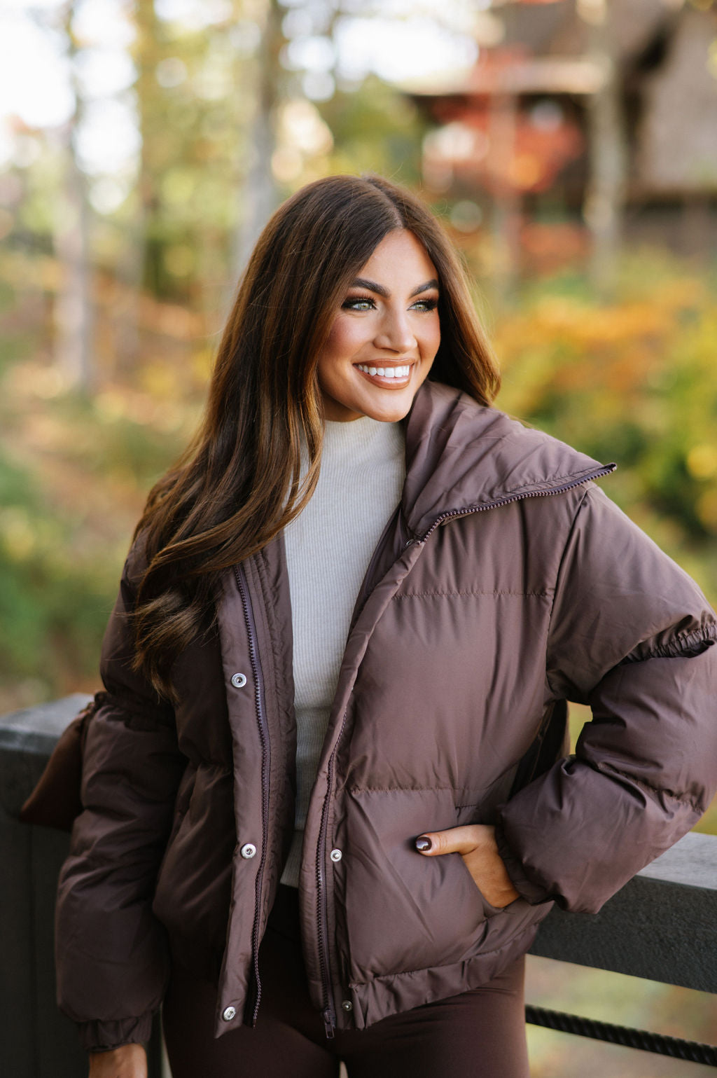 Ribbon Accent Puffer Jacket-Chocolate