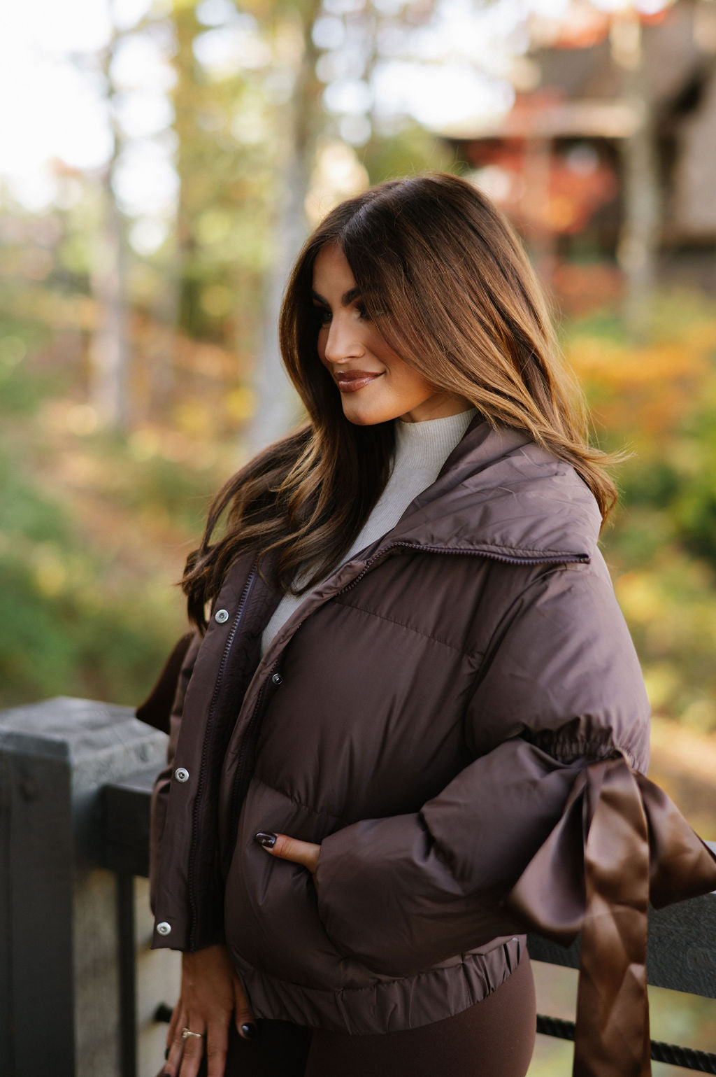 Ribbon Accent Puffer Jacket-Chocolate