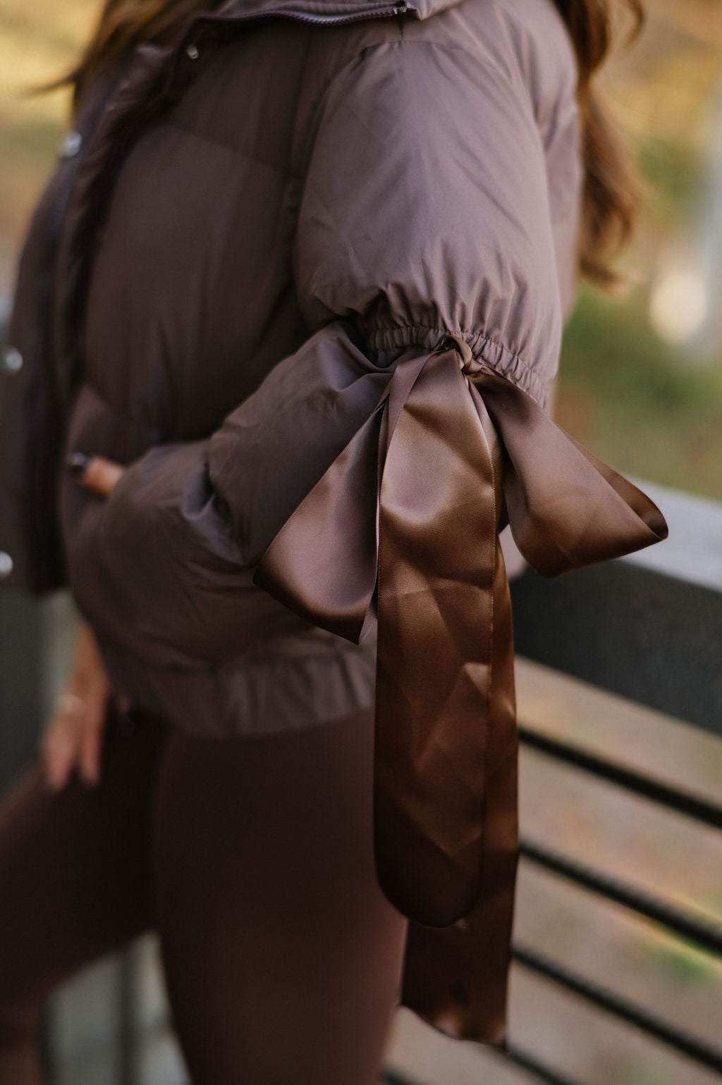 Ribbon Accent Puffer Jacket-Chocolate