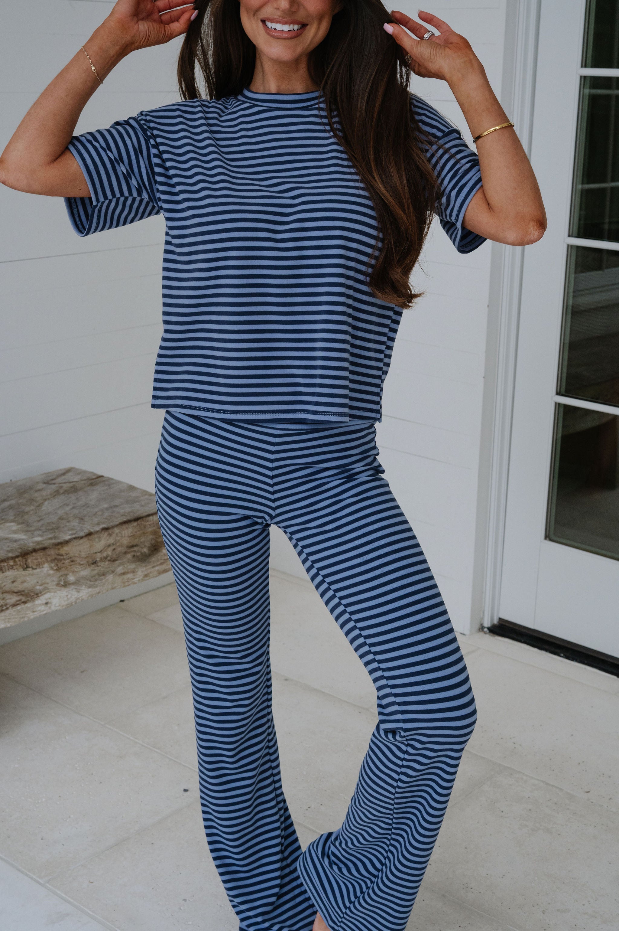 Dylan Striped Pants Set-Navy