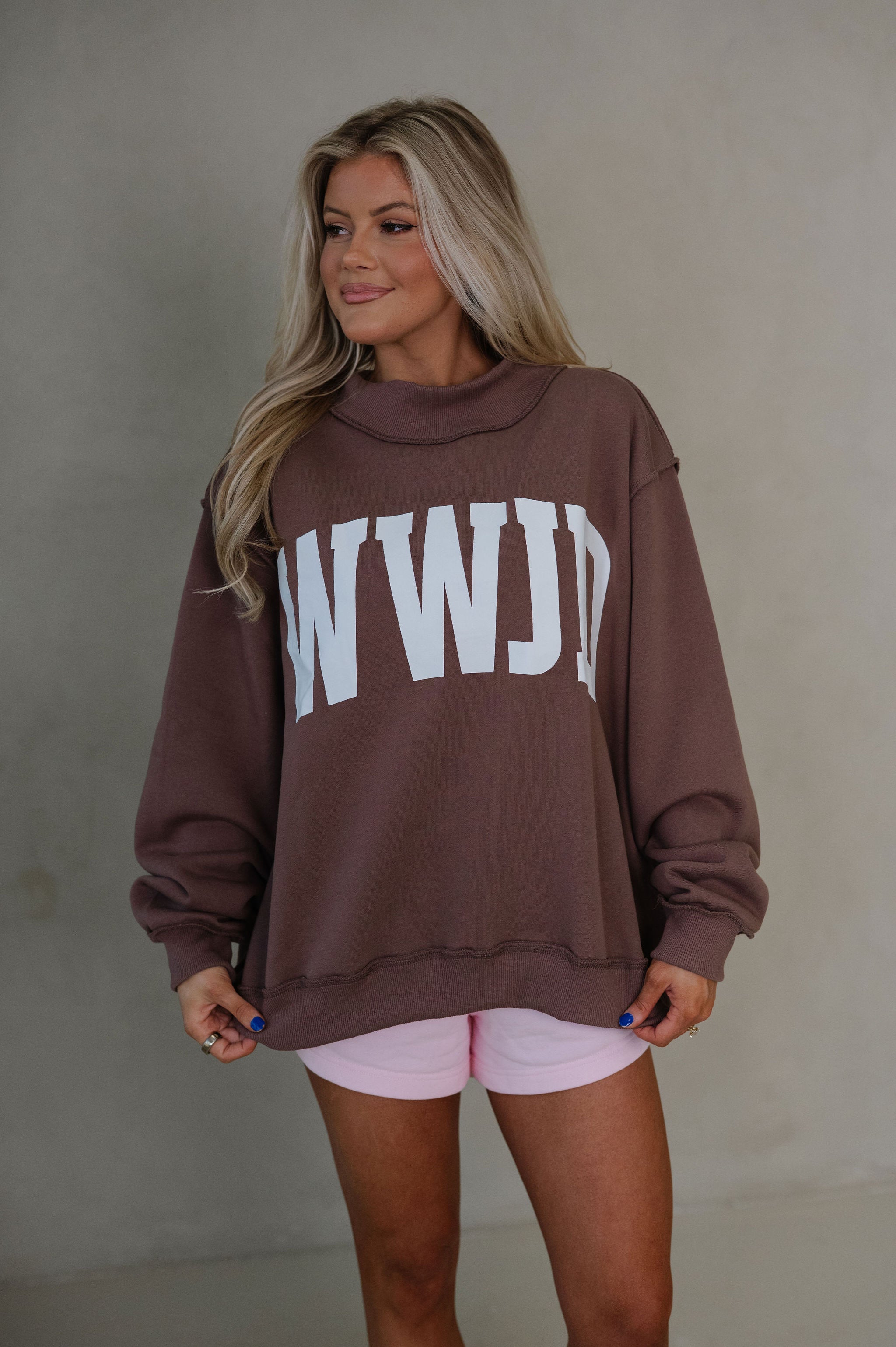 "WWJD/Amen" Reversible Mock Neck Sweatshirt-Brown