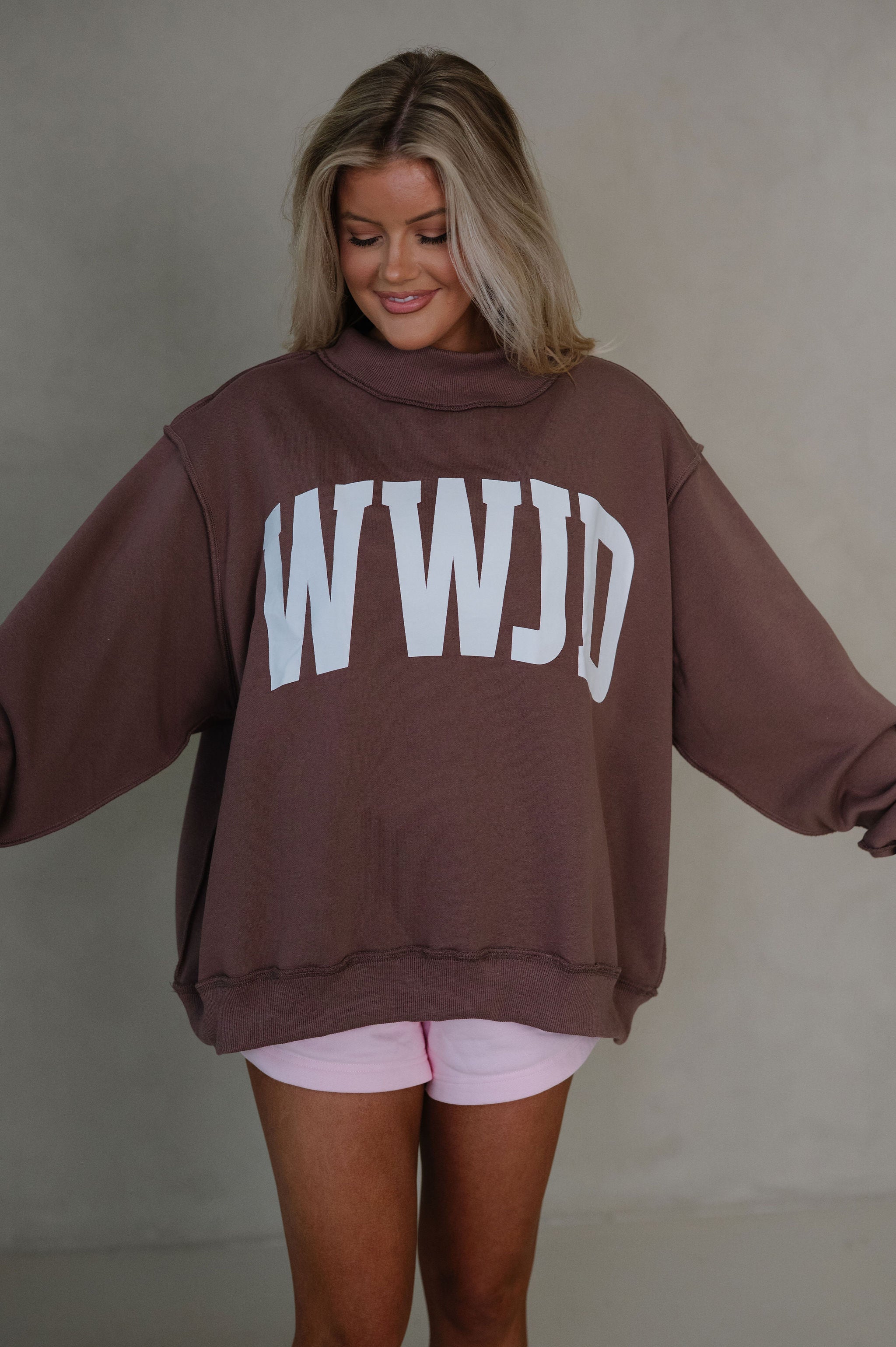 "WWJD/Amen" Reversible Mock Neck Sweatshirt-Brown