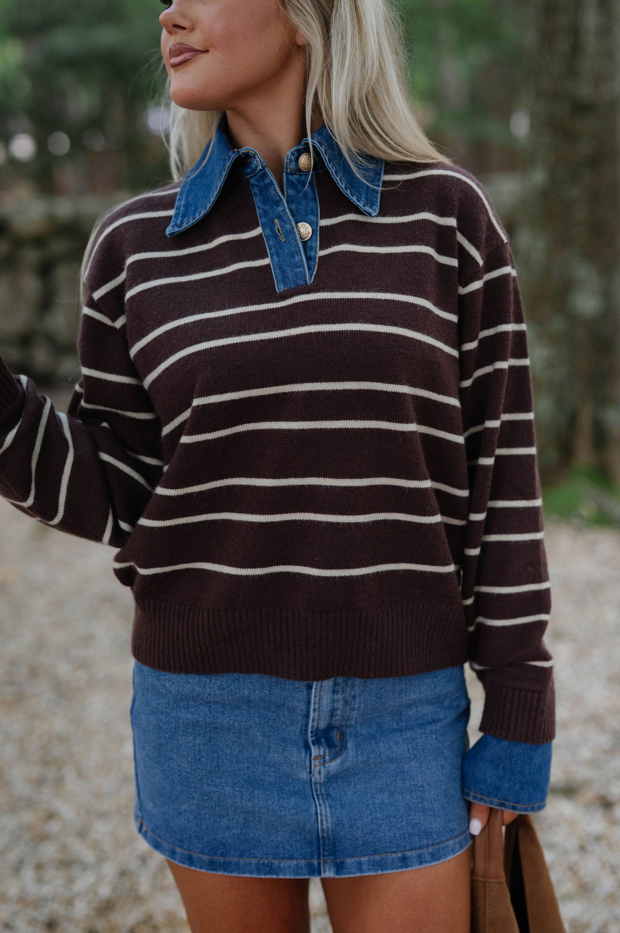 Charlie Stripe Denim Combo Sweater-Brown/Oatmeal