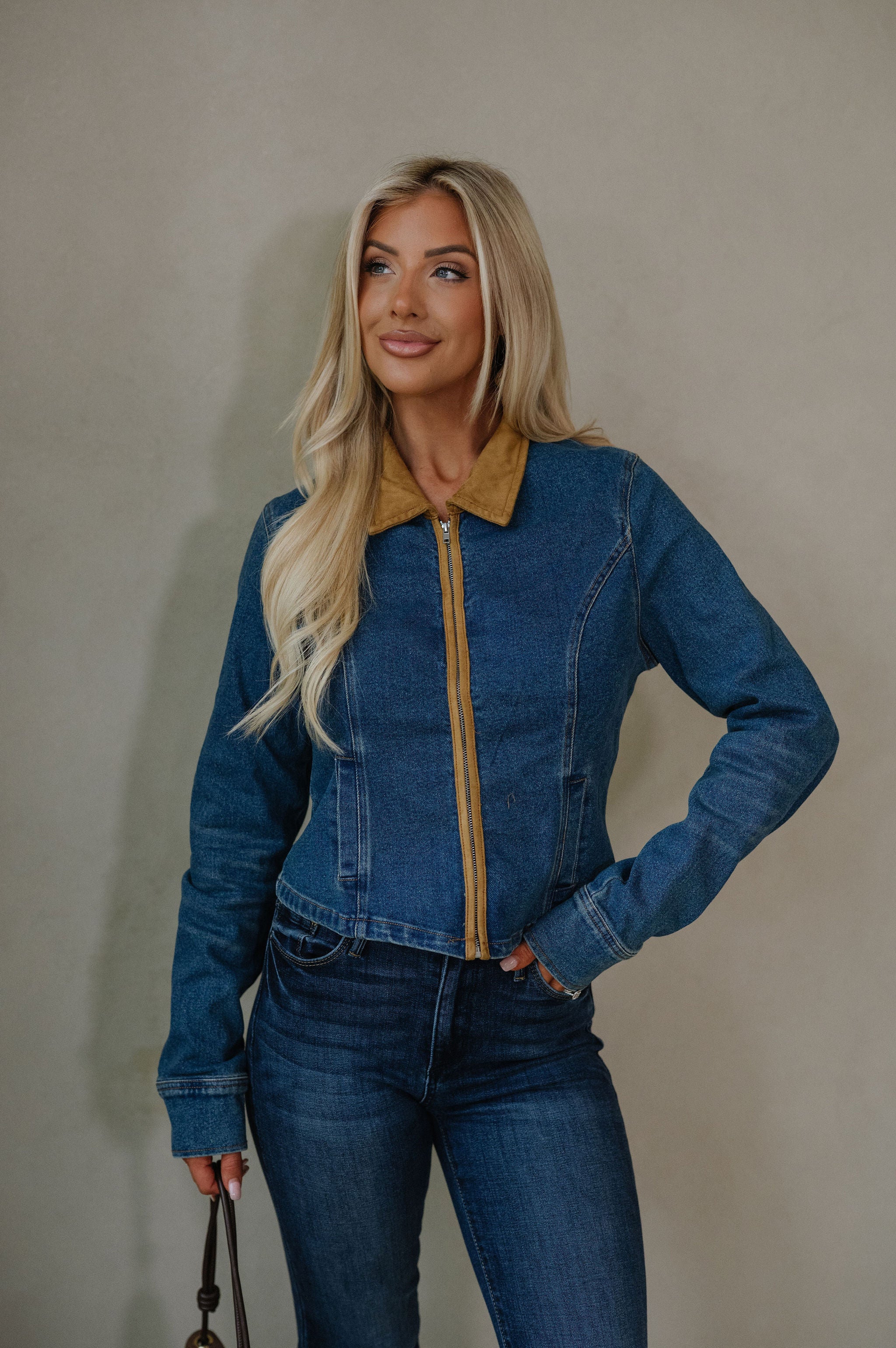 Suede Contrast Jacket-Denim