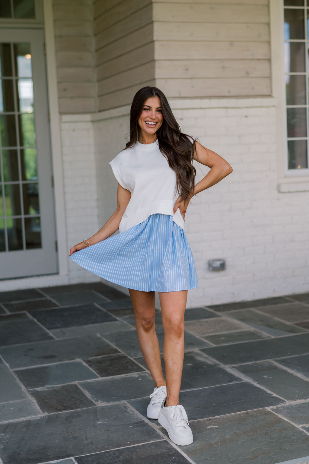 Laney Babydoll Dress-White/Blue