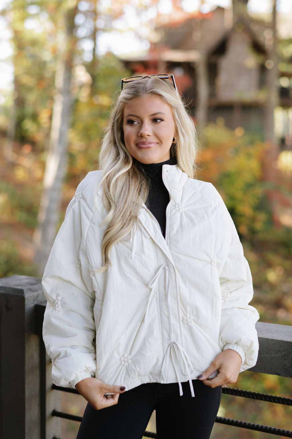 Ribbon Puff Sleeve Puffer-Cream